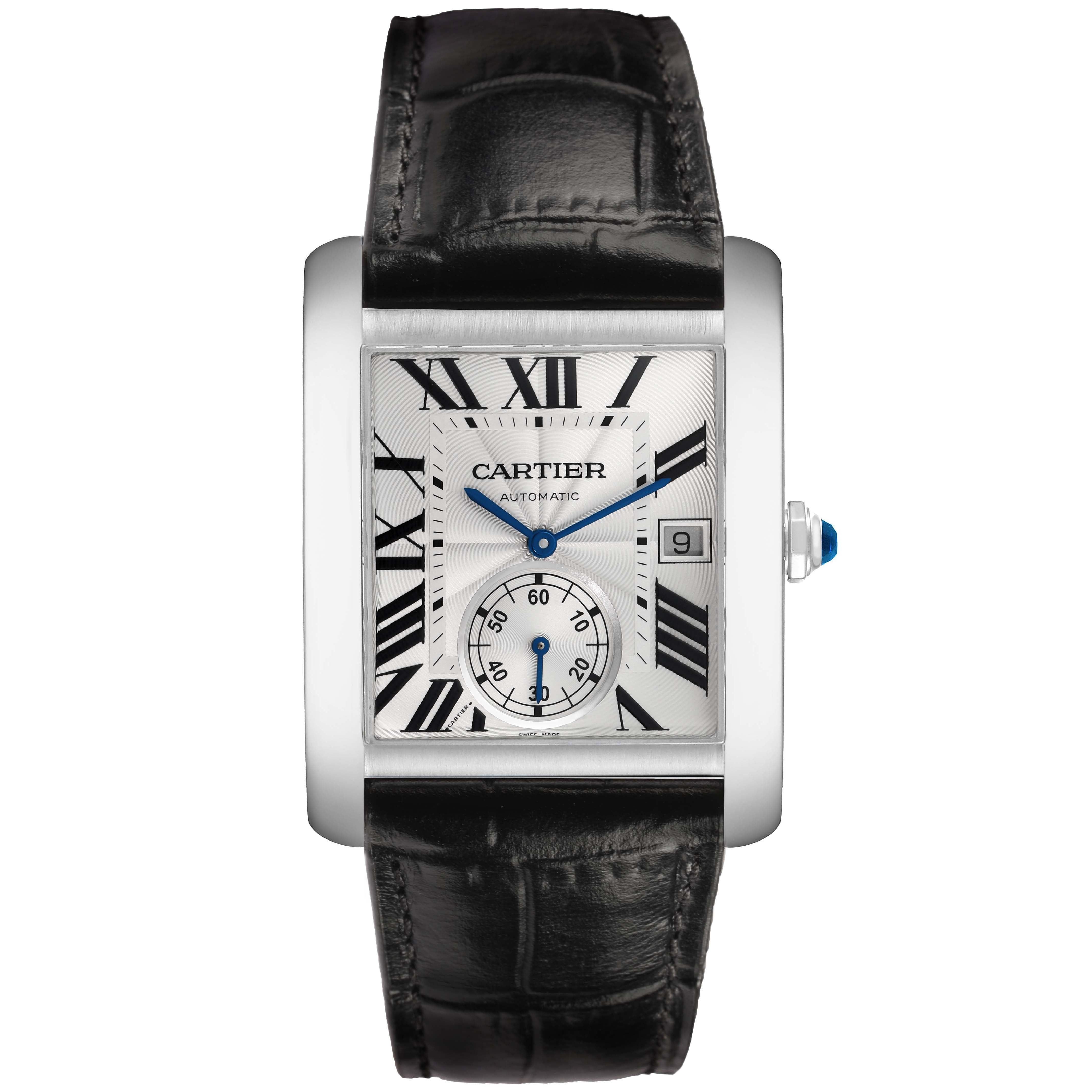 The Cartier Tank MC W5330003 Men's Stainless Steel Silver Dial watch is shown from a front angle, displaying its dial, leather strap, and side crown.