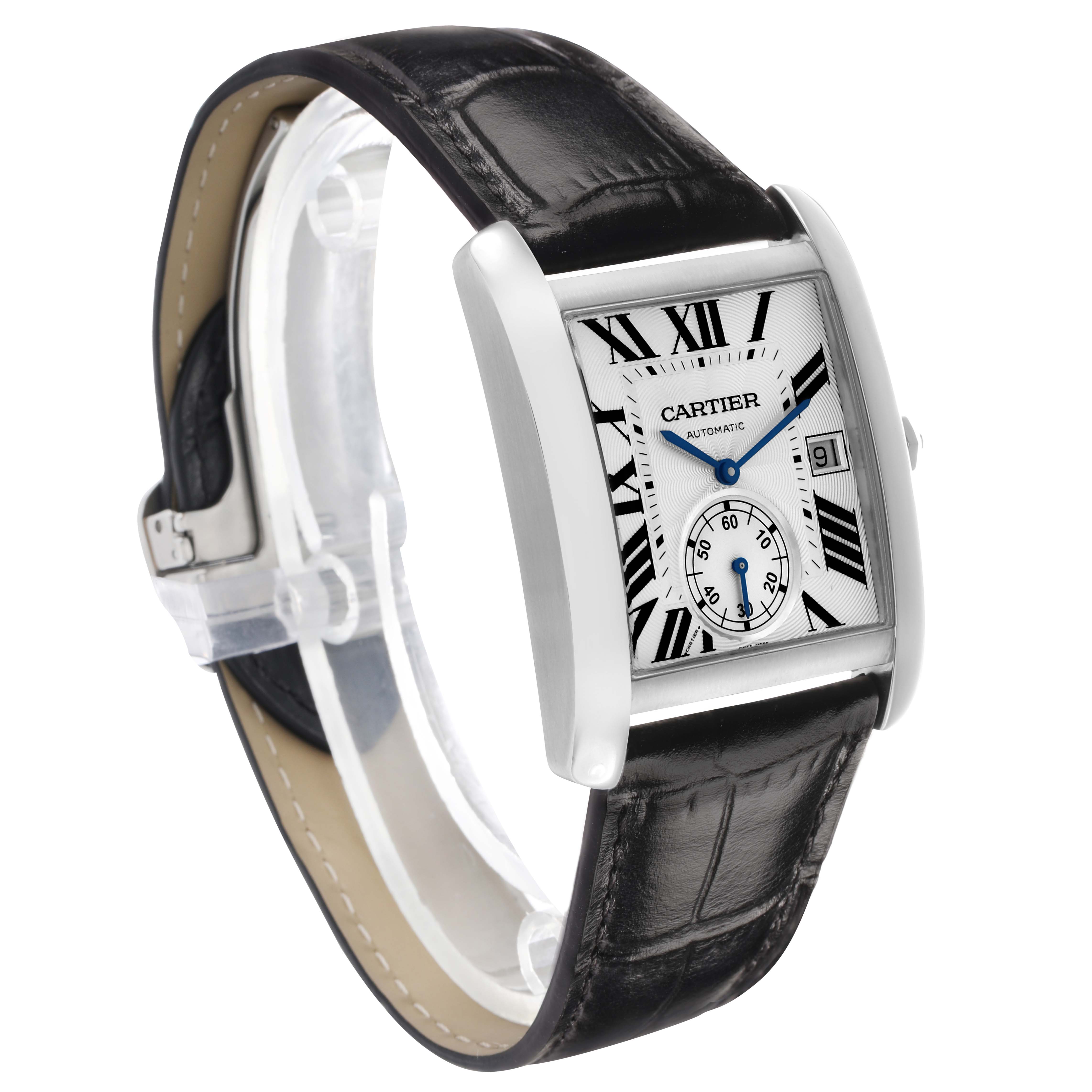 The Cartier Tank MC W5330003 Men's Stainless Steel Silver Dial watch is shown at a three-quarter angle, displaying the face, case, and black leather strap.