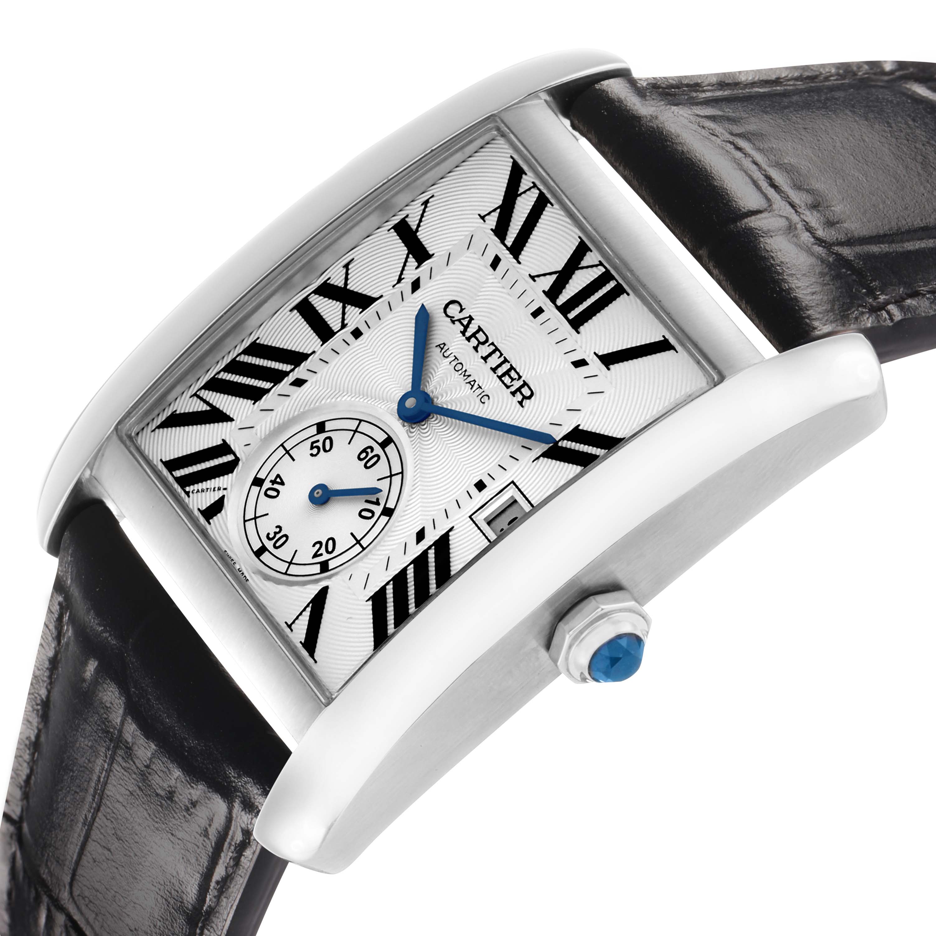 The Cartier Tank MC W5330003 Men's Stainless Steel Silver Dial watch is shown at an angle highlighting the dial, case, straps, crown, and blue hands.
