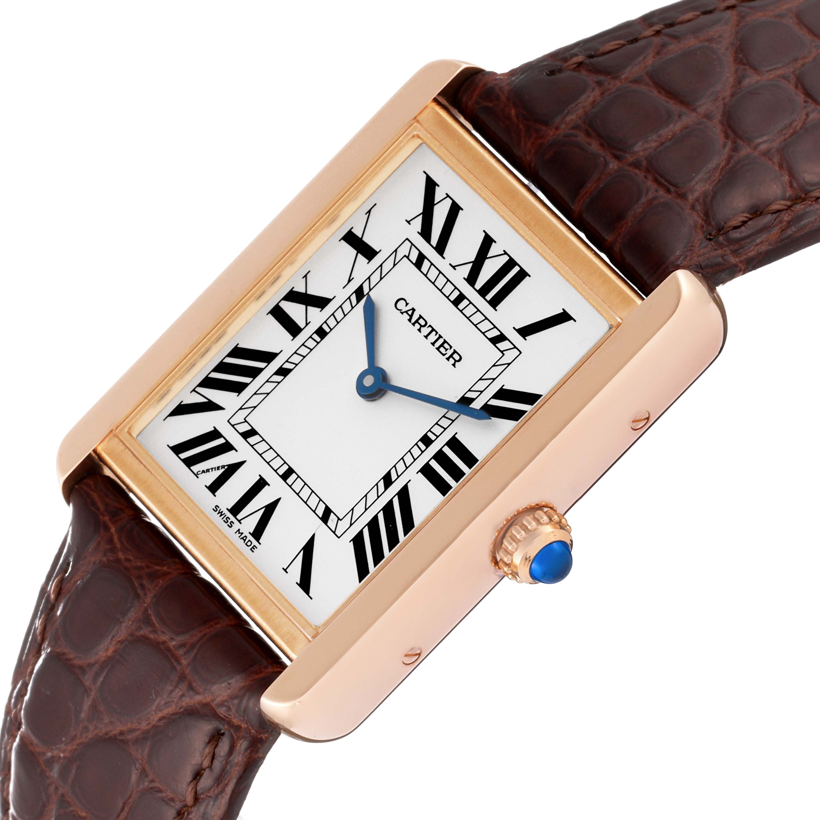 The Cartier Tank Solo W5200025 Men
s Steel and Gold (two tone) Silver Dial W5200025 Men
s Steel and Gold (two tone) Silver Dial watch is shown at an angled view displaying its rectangular face, Roman numerals, and leather strap.