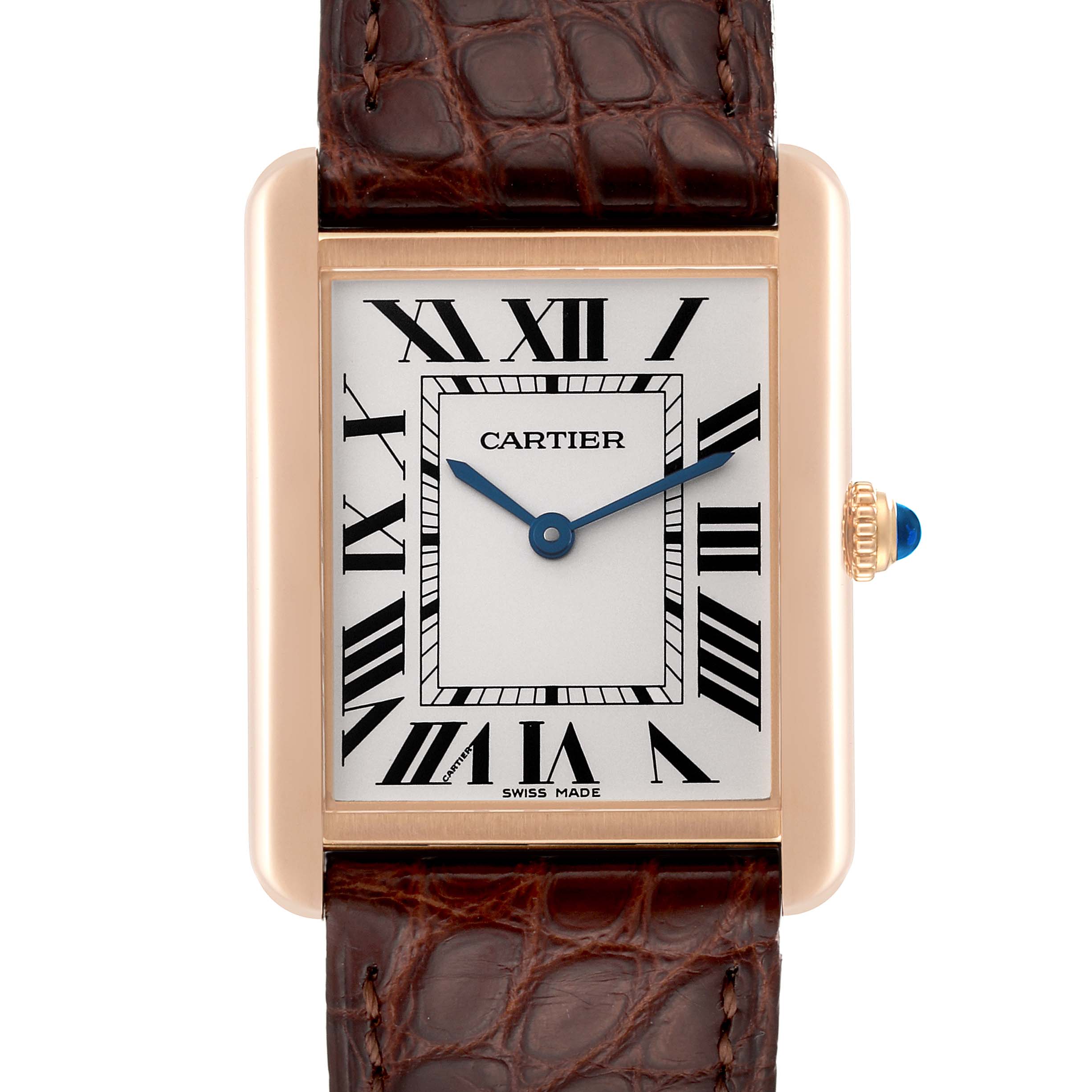 This is a close-up front view of the Cartier Tank Solo W5200025 Men
s Steel and Gold (two tone) Silver Dial W5200025 Men
s Steel and Gold (two tone) Silver Dial watch, showing the dial, hands, case, crown, and part of the leather strap.