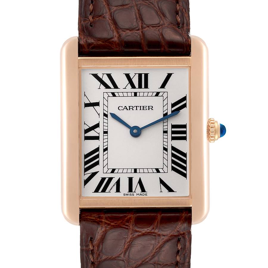 Cartier Tank Solo Large Rose Gold Steel Brown Strap Mens Watch W5200025 Card SwissWatchExpo