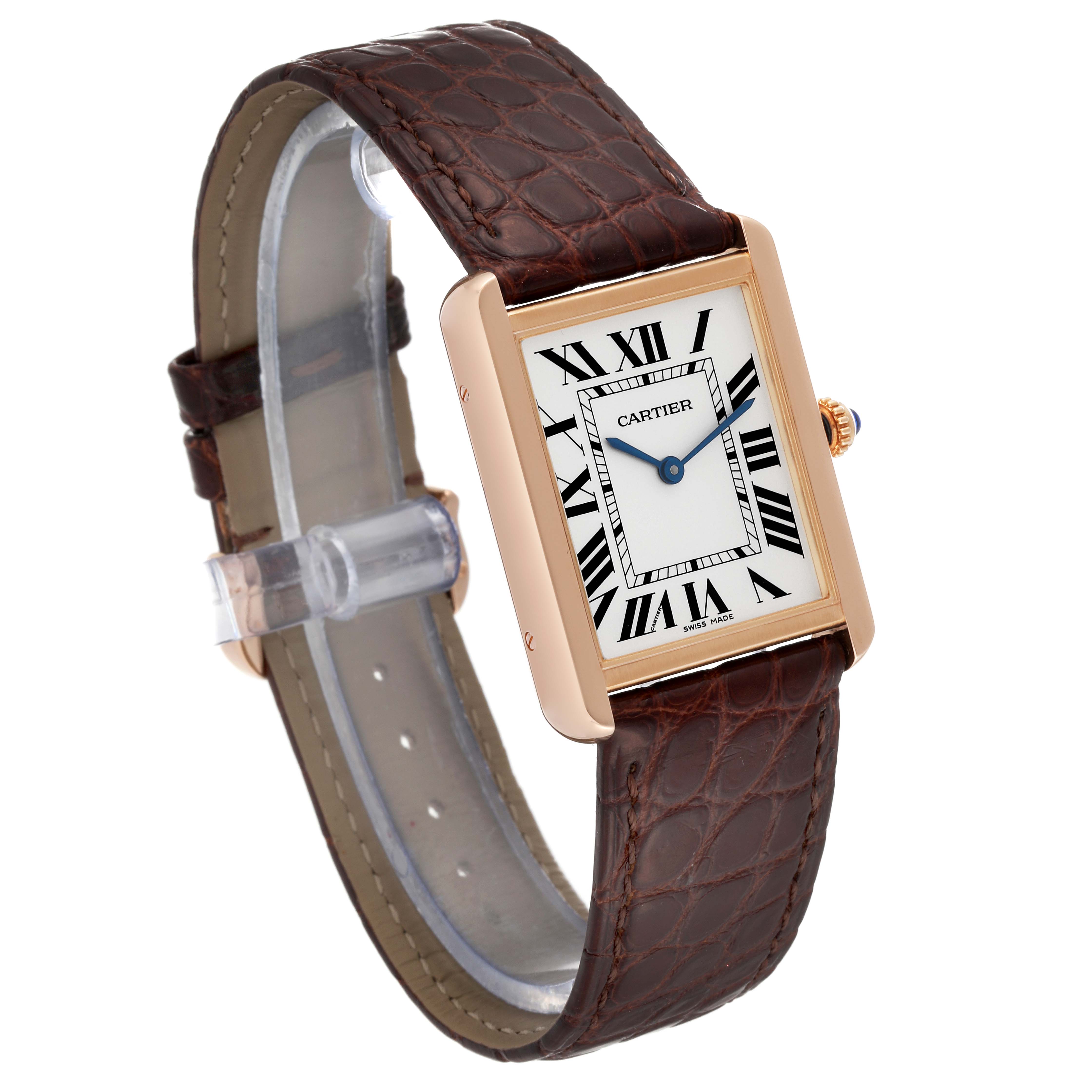 This image shows a Cartier Tank Solo W5200025 Men
s Steel and Gold (two tone) Silver Dial W5200025 Men
s Steel and Gold (two tone) Silver Dial watch from a front angle, highlighting its rectangular face and leather strap.