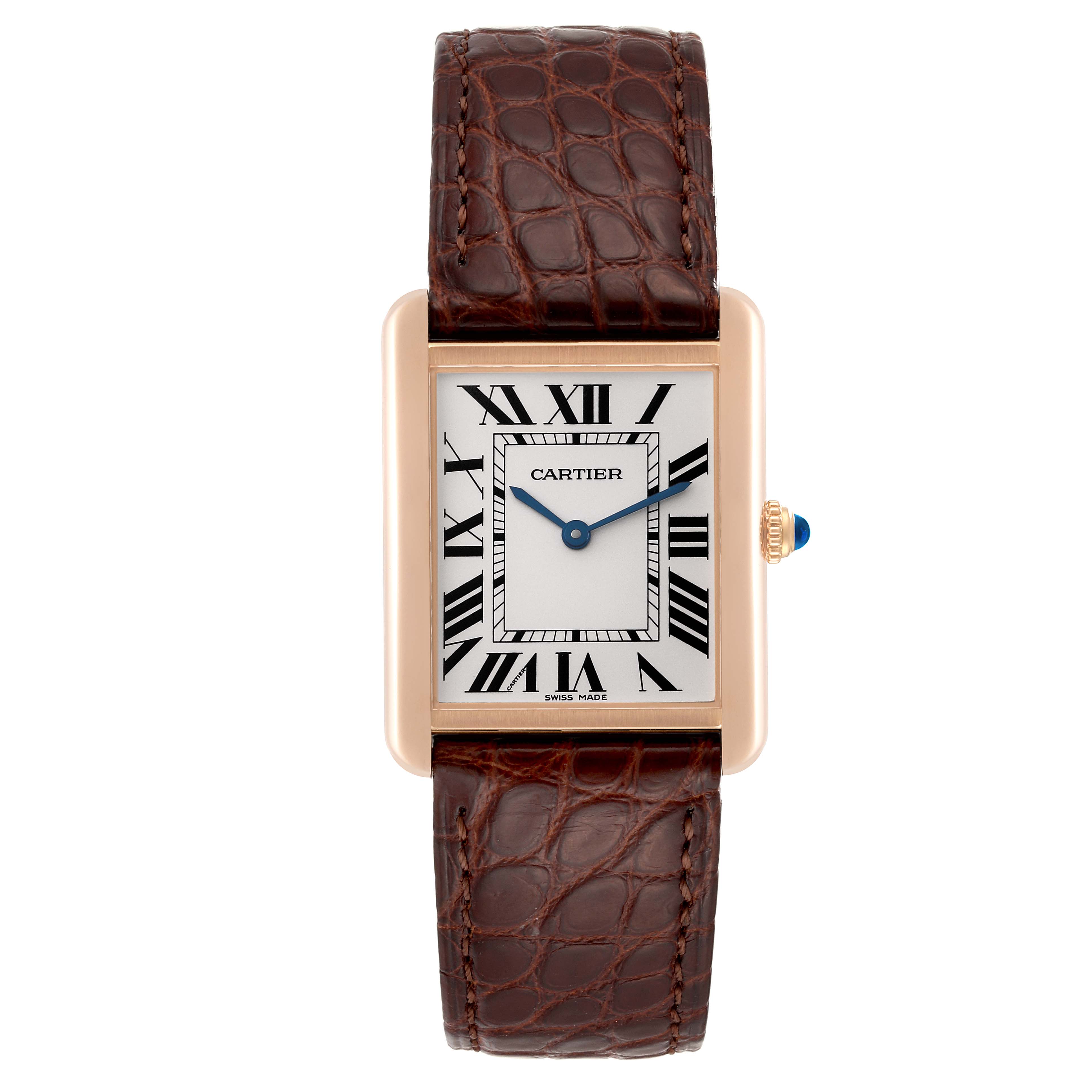The image shows a Cartier Tank Solo W5200025 Men
s Steel and Gold (two tone) Silver Dial W5200025 Men
s Steel and Gold (two tone) Silver Dial watch from the front, displaying its rectangular face, Roman numerals, and brown leather strap.