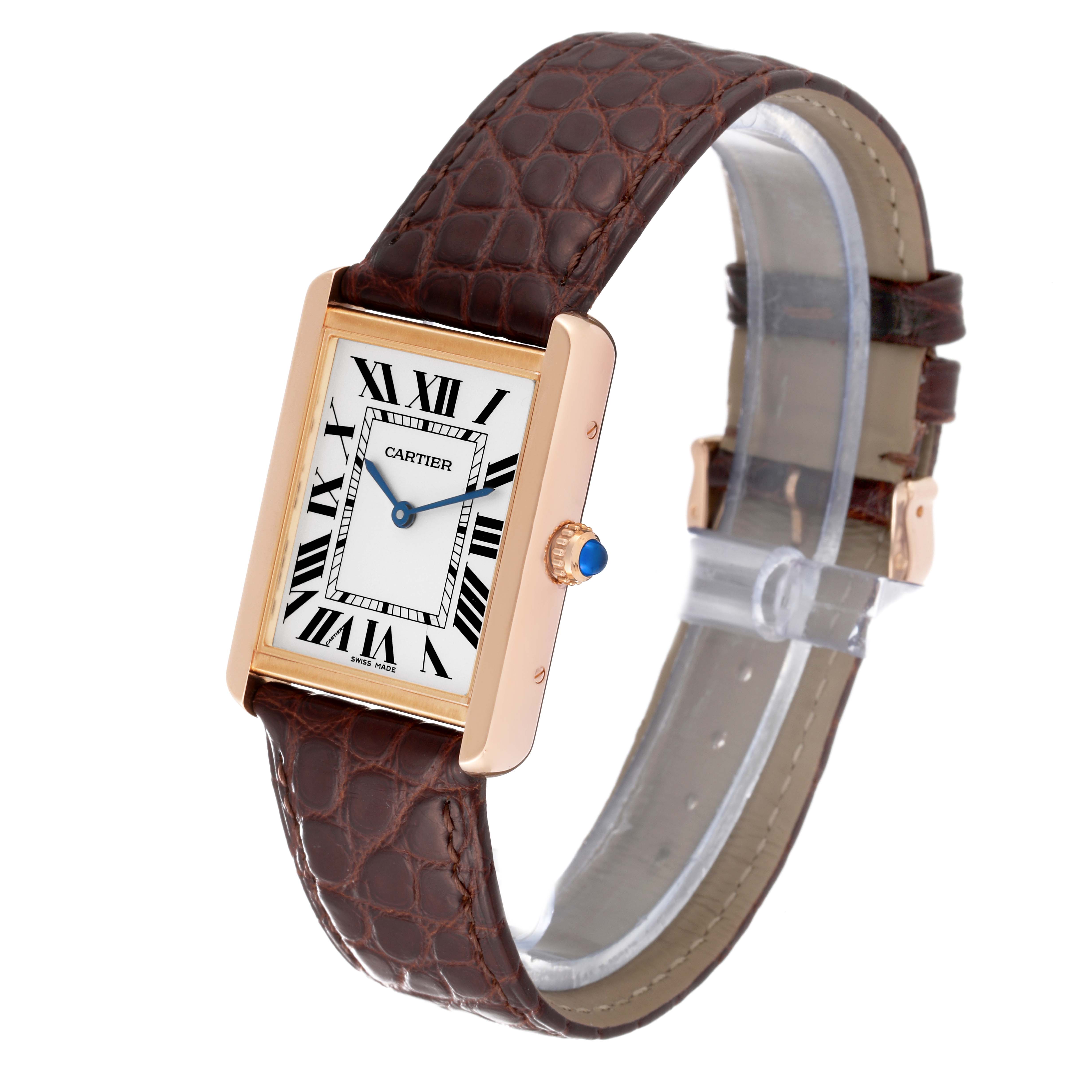 The Cartier Tank Solo W5200025 Men
s Steel and Gold (two tone) Silver Dial W5200025 Men
s Steel and Gold (two tone) Silver Dial watch, shown at a slight angle, displays its brown leather strap, rectangular face, and Roman numeral dial.
