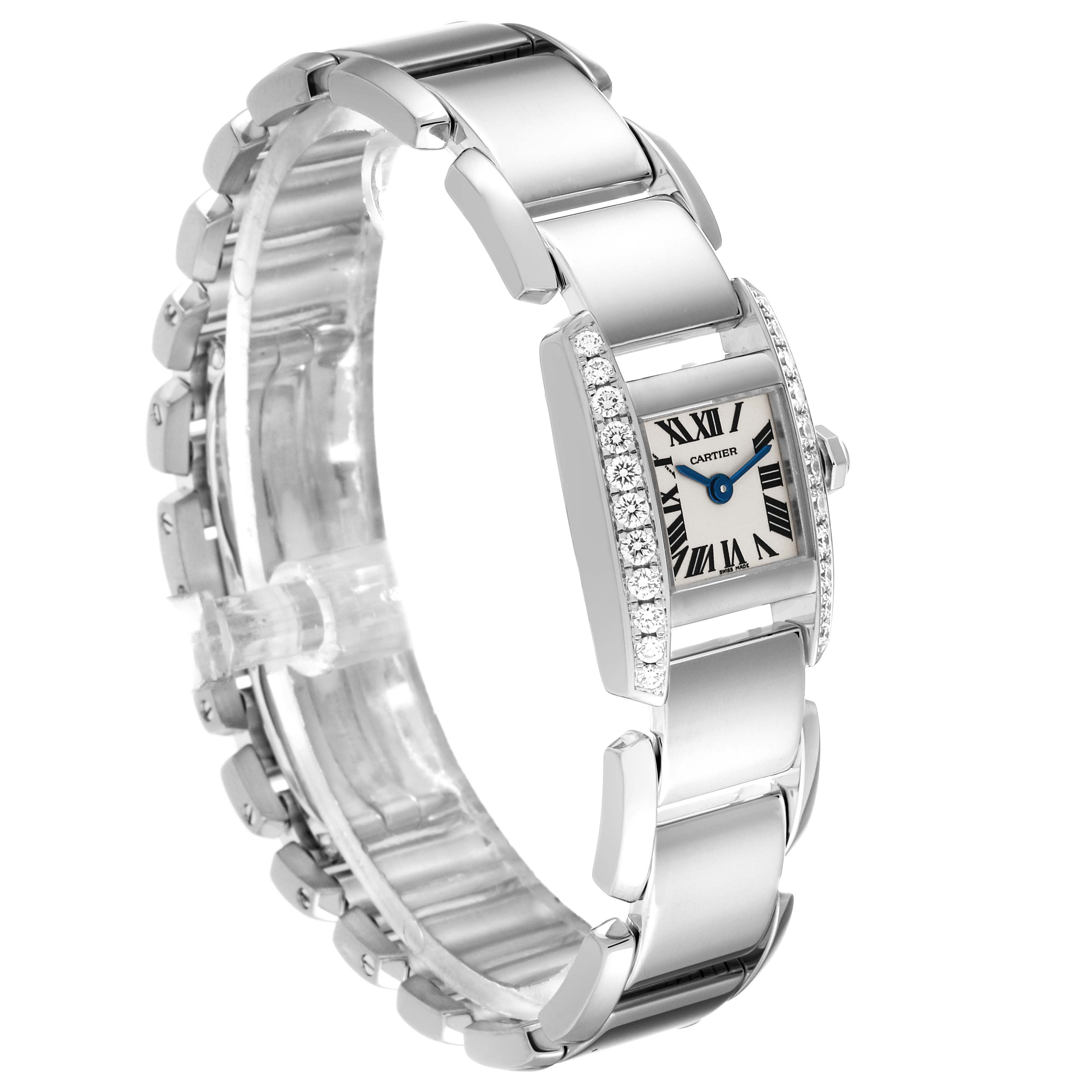 The image shows a Cartier Tankissime WE70069H Women's White Gold Silver Dial WE70069H Women's White Gold Silver Dial watch at a side angle, highlighting its rectangular face and metal bracelet.