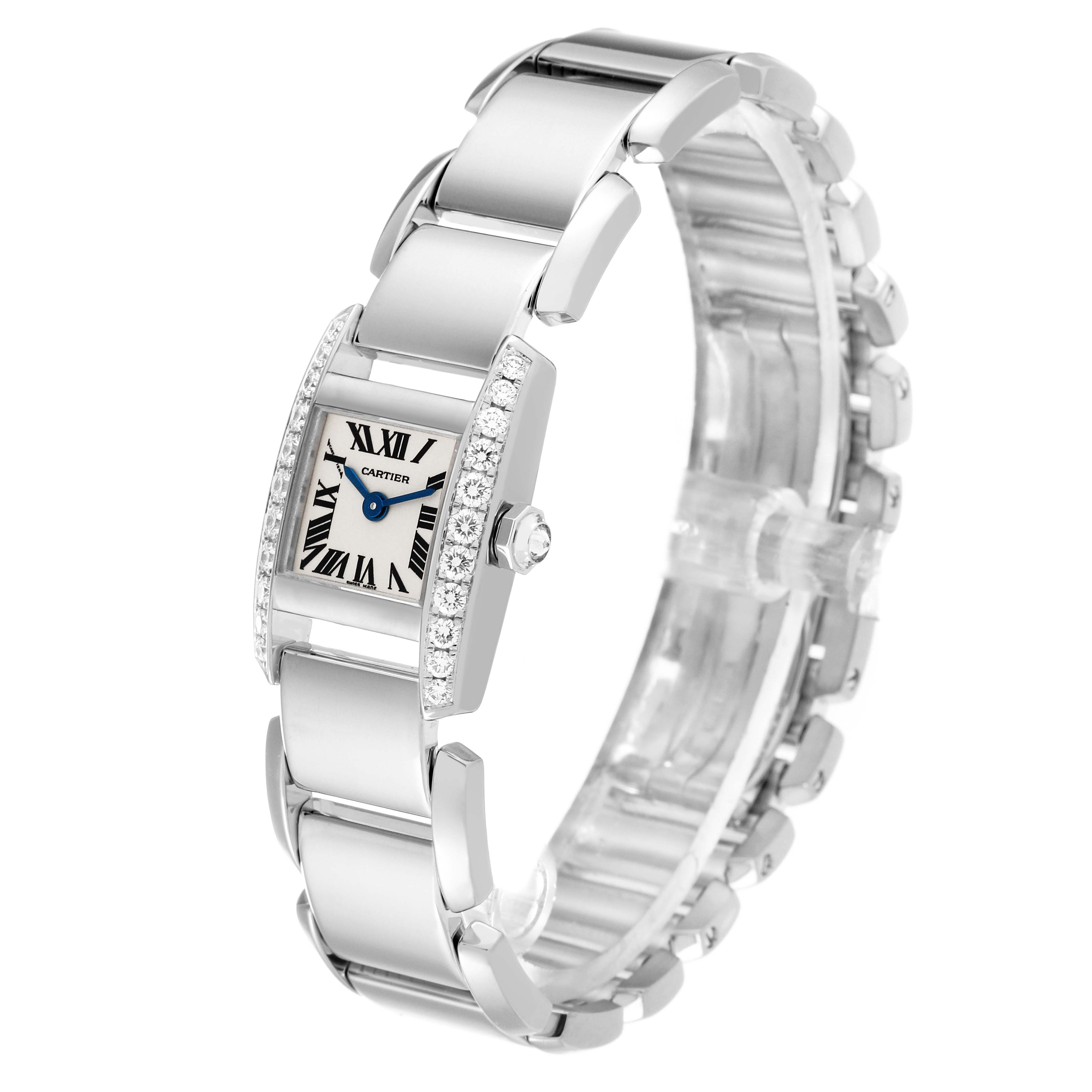 The image shows a front and side view of the Cartier Tankissime WE70069H Women's White Gold Silver Dial WE70069H Women's White Gold Silver Dial watch highlighting the face, bracelet, and crown.