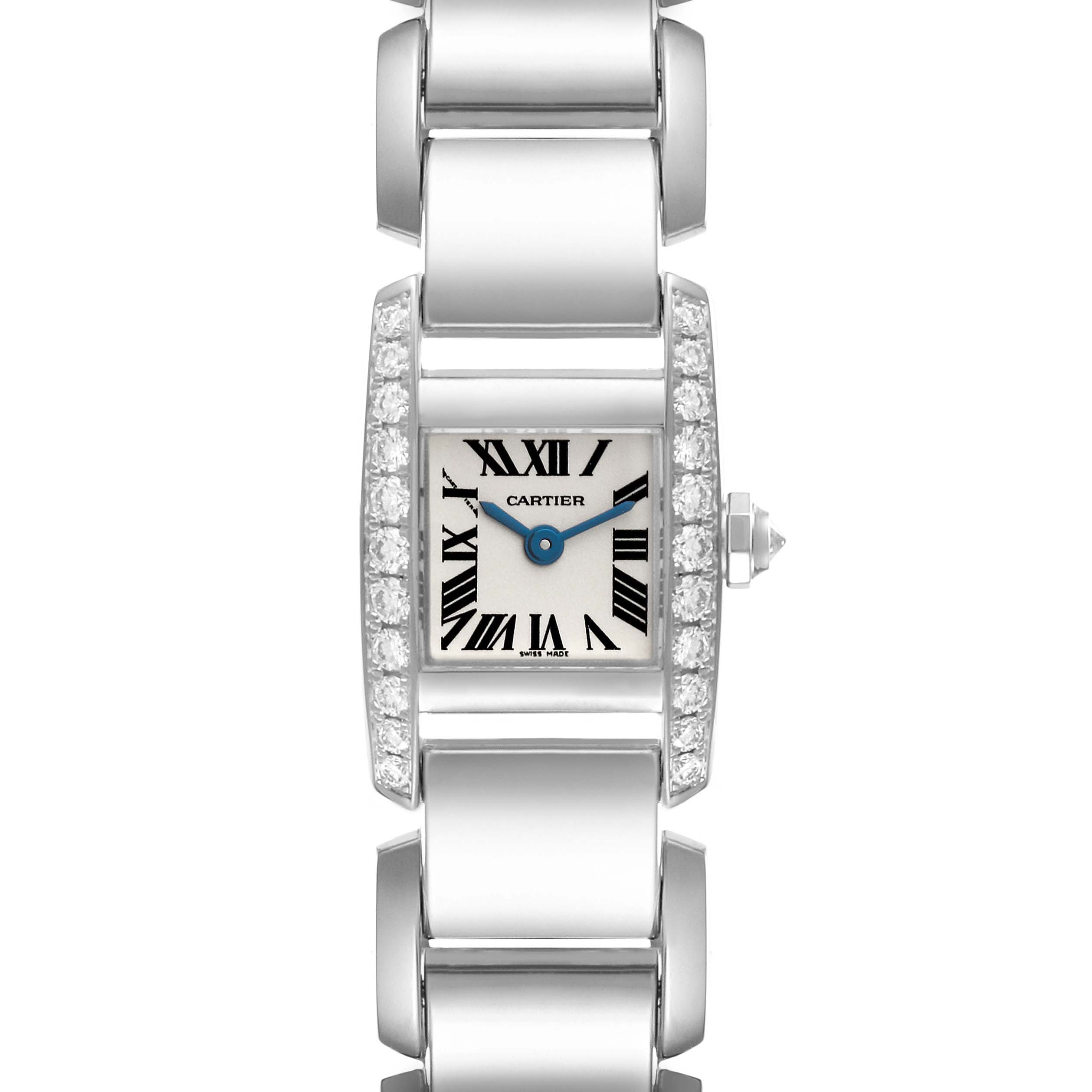 The image shows a Cartier Tankissime WE70069H Women's White Gold Silver Dial WE70069H Women's White Gold Silver Dial model watch from a straight-on angle, highlighting its face, Roman numerals, and bracelet.