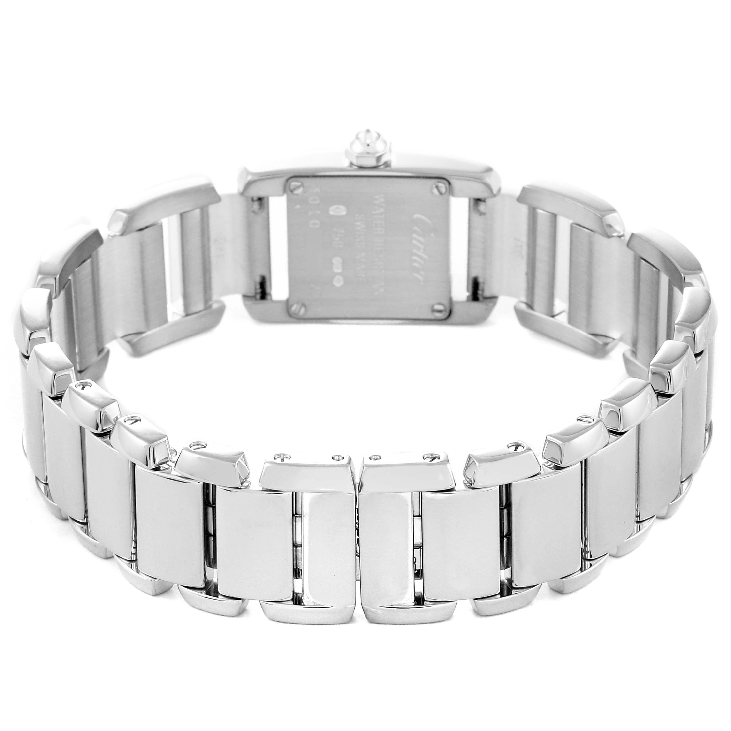 The image shows the back view of the Cartier Tankissime WE70069H Women's White Gold Silver Dial WE70069H Women's White Gold Silver Dial watch, highlighting its case back and metal bracelet.