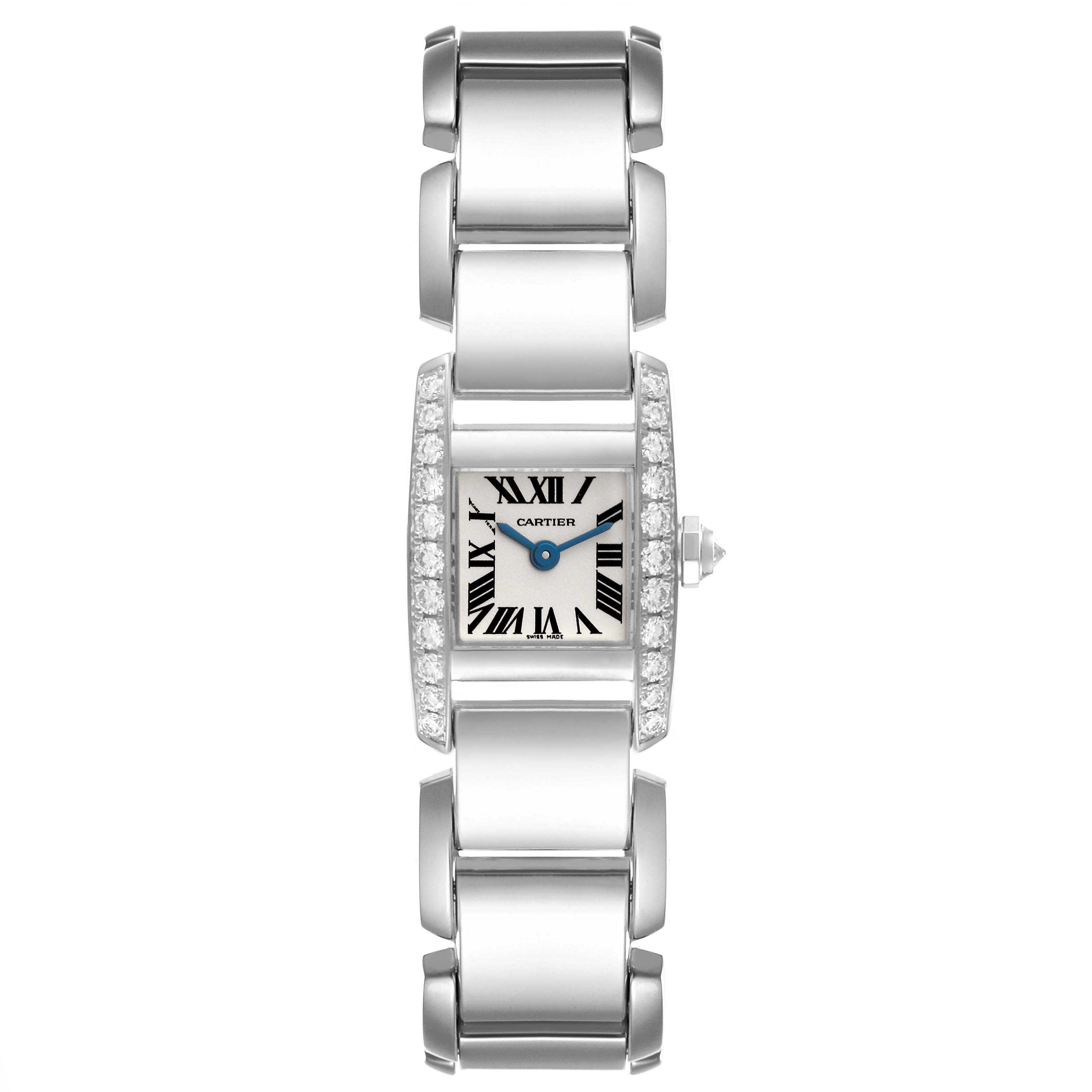 The image shows a top-down view of a Cartier Tankissime WE70069H Women's White Gold Silver Dial WE70069H Women's White Gold Silver Dial watch, featuring its bracelet and diamond-encrusted case.