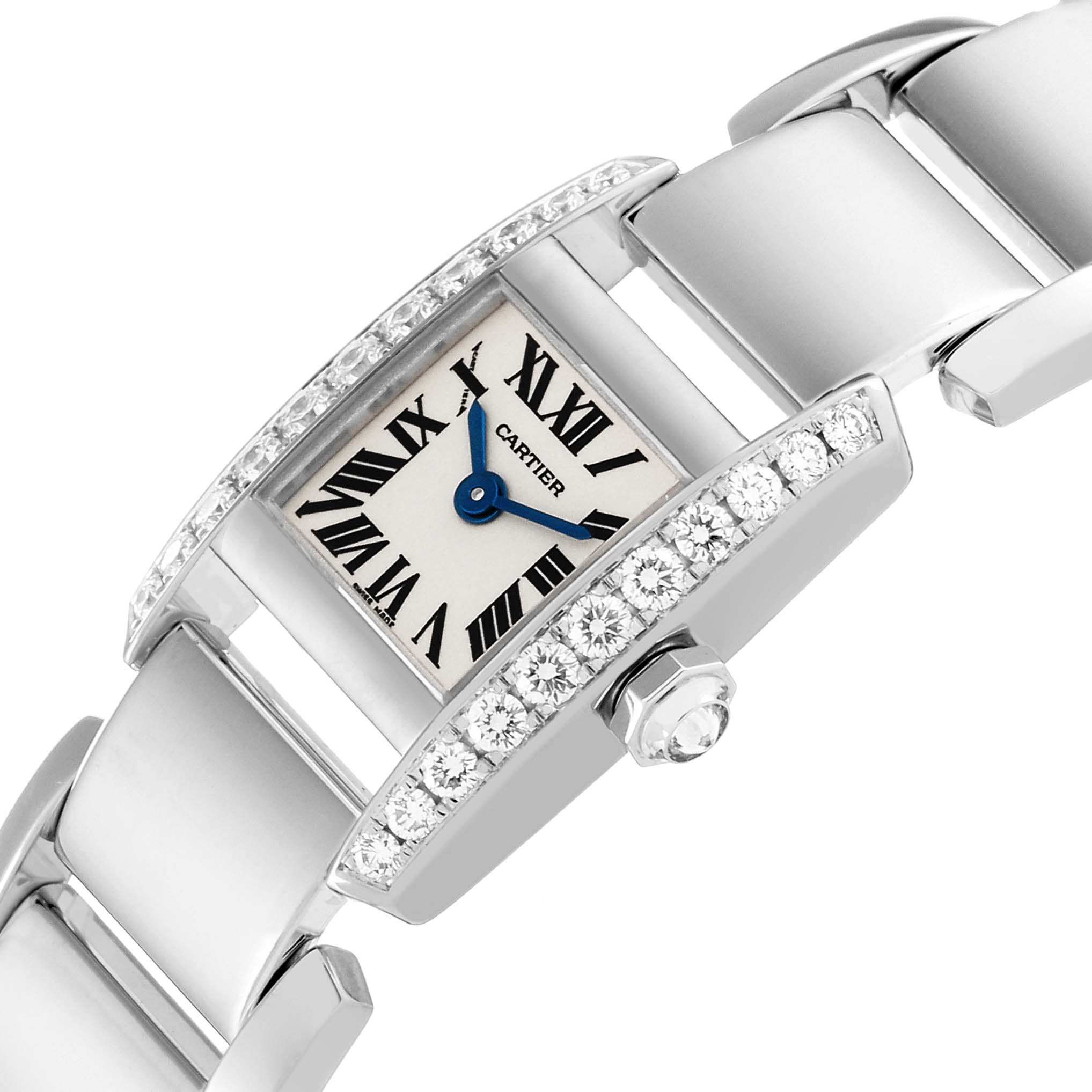 The image shows a close-up angled view of the Cartier Tankissime WE70069H Women's White Gold Silver Dial WE70069H Women's White Gold Silver Dial watch with its dial, diamond bezel, and part of the bracelet.