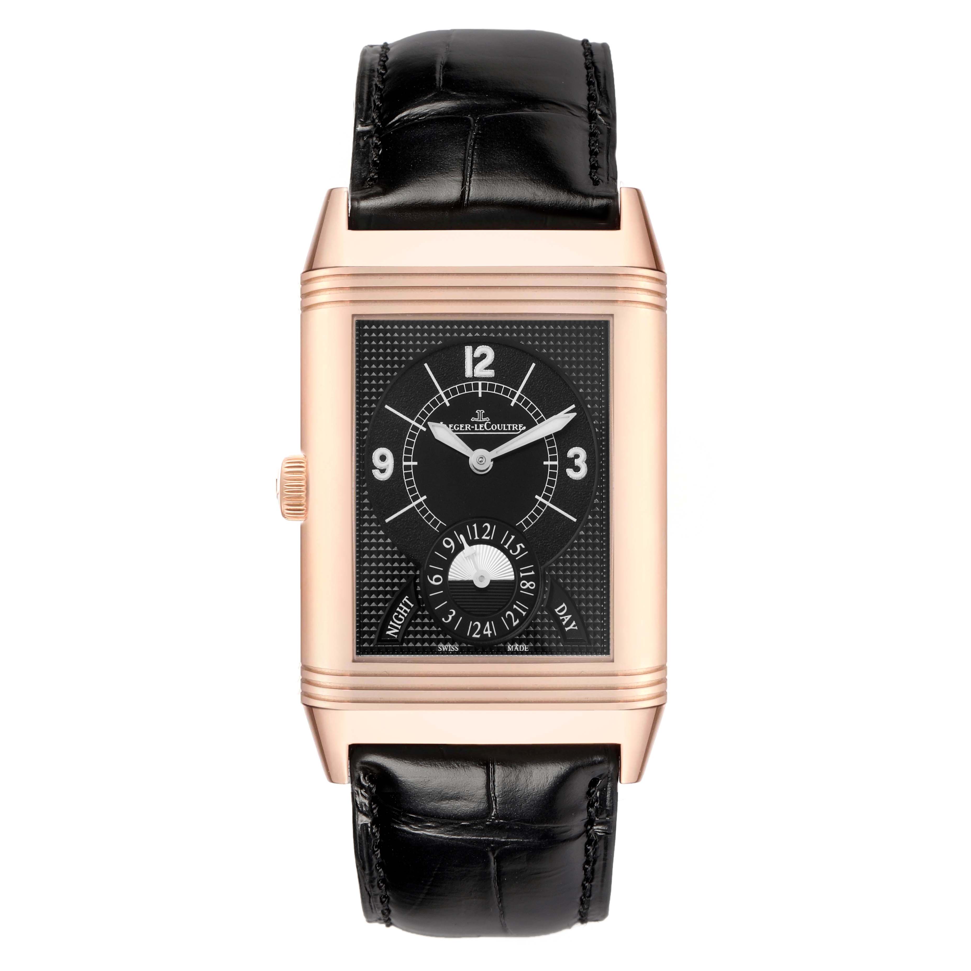 The Jaeger-LeCoultre Reverso watch is shown from the front, highlighting the dial, case, and leather strap.