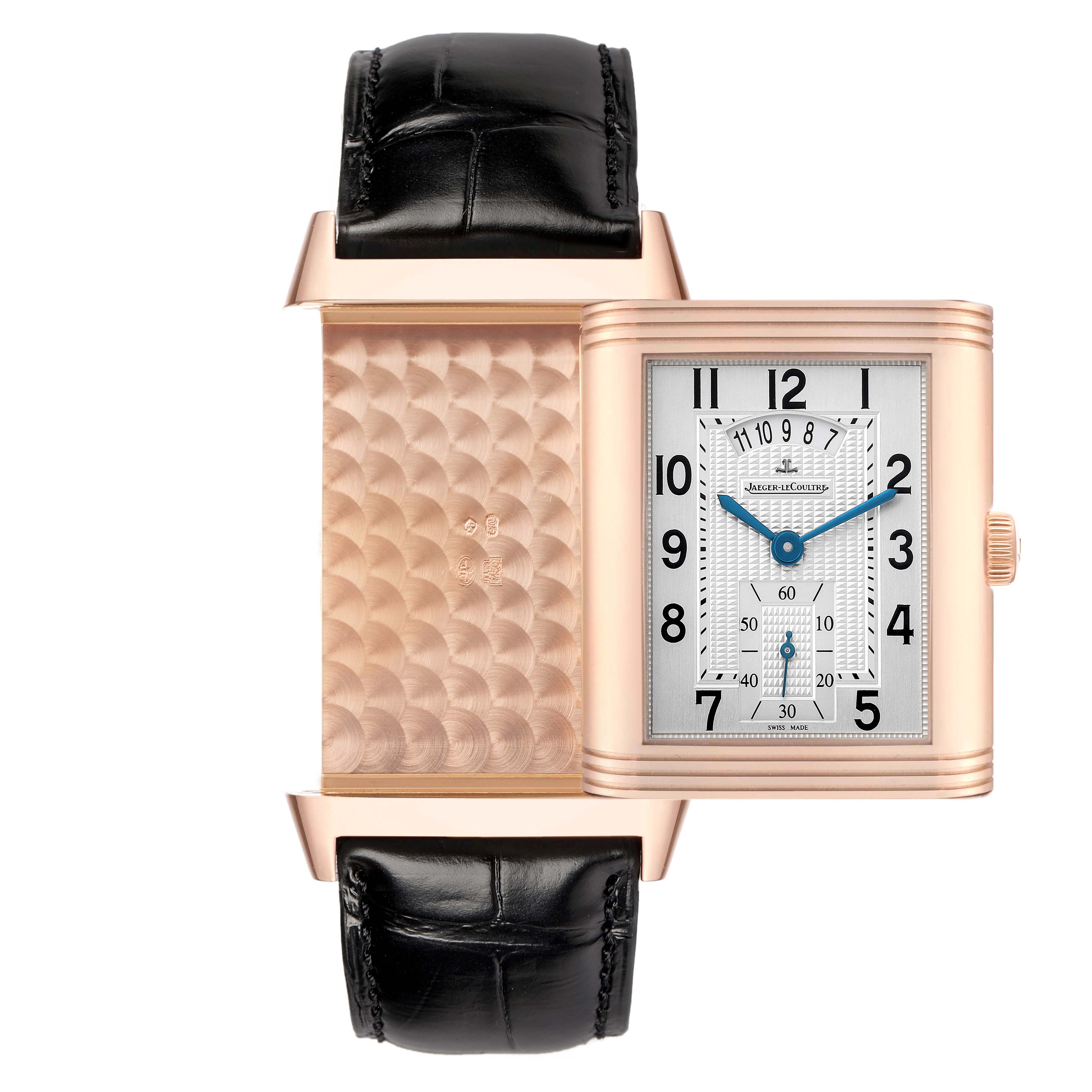 The image shows a Jaeger LeCoultre Reverso Q3742421 Men's Rose Gold Silver Dial watch with its reversible case flipped, displaying both the front and patterned back.