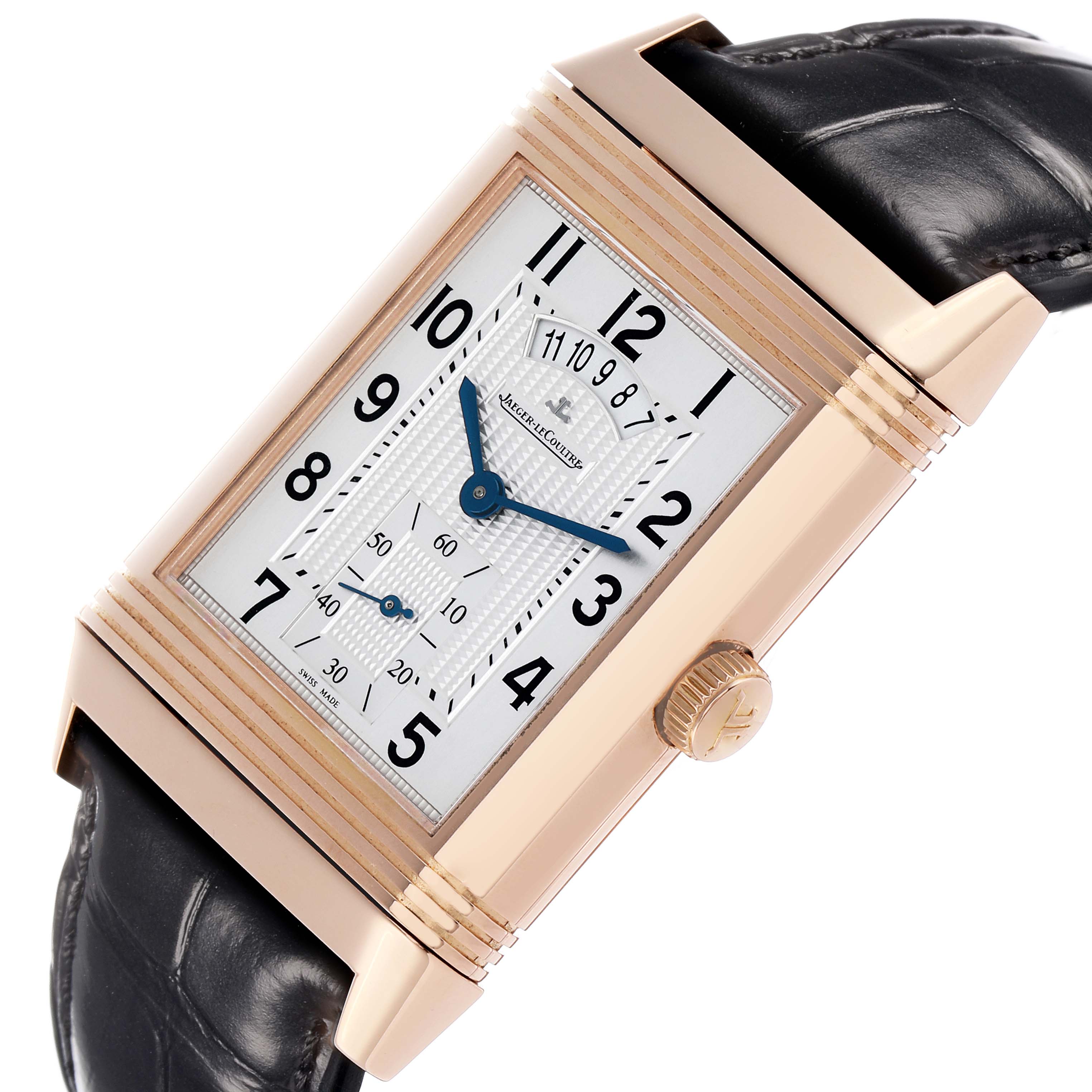 The Reverso by Jaeger-LeCoultre is shown at a slight side angle, highlighting the case, dial, crown, and part of the leather strap.