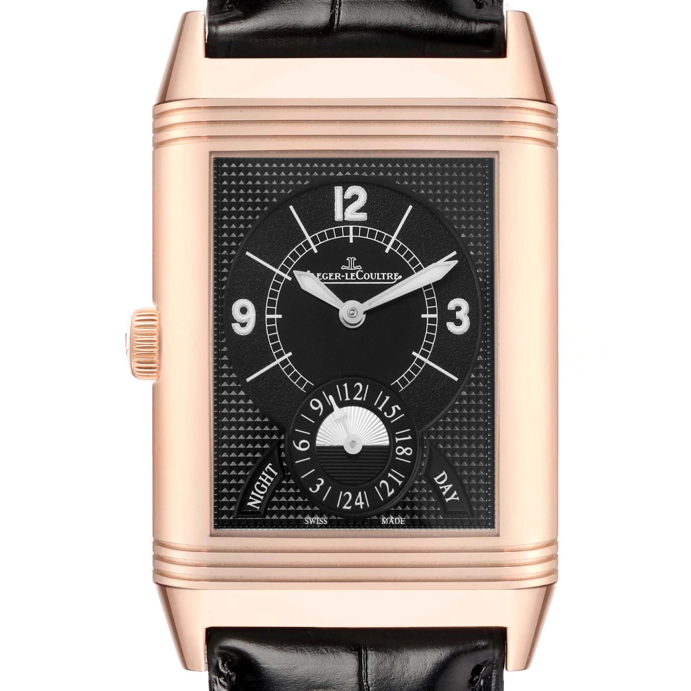 The Jaeger LeCoultre Reverso Q3742421 Men's Rose Gold Silver Dial watch is shown from the front, displaying its rectangular case, dial, and crown.