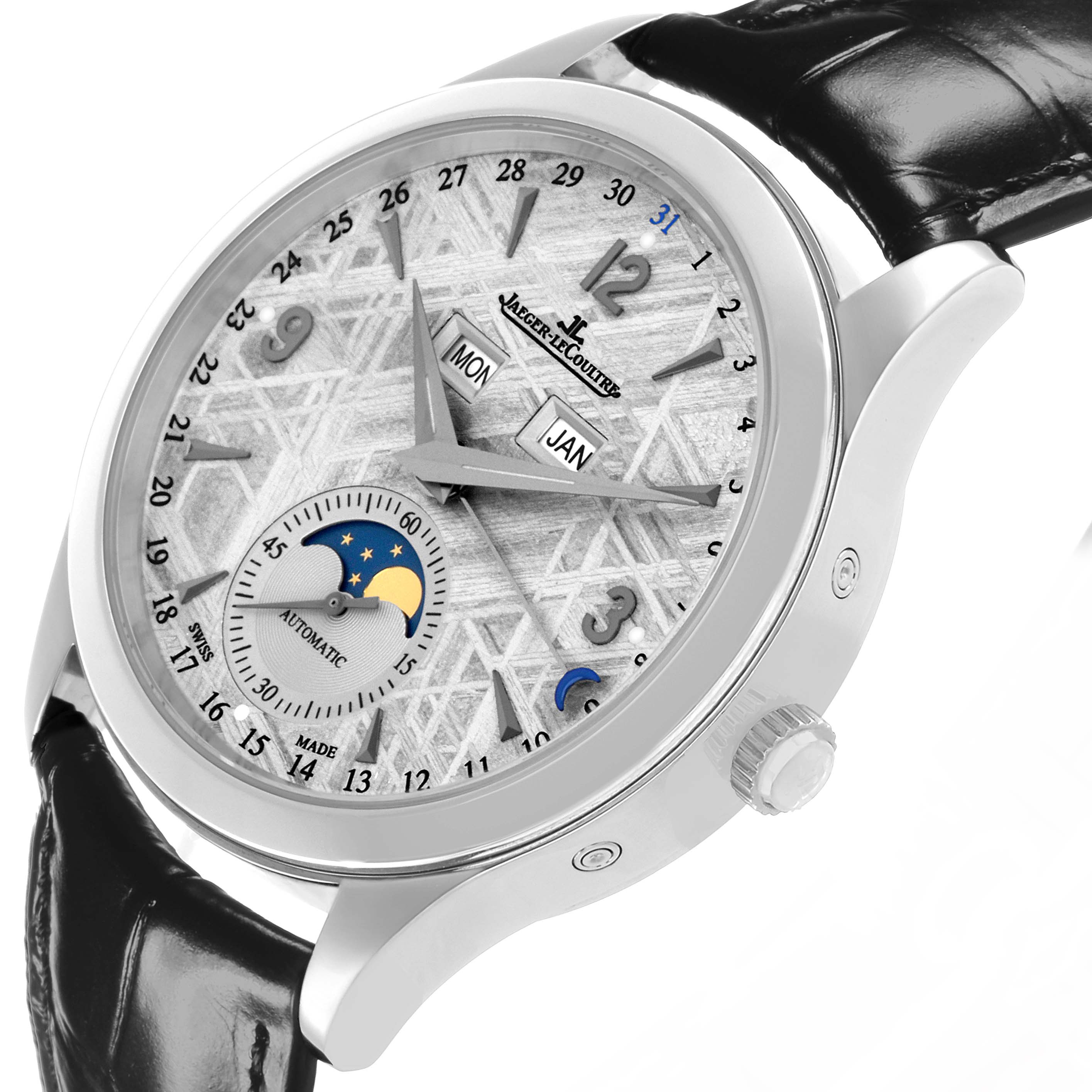 The Jaeger LeCoultre Master Q1558421 / 176.8.12.S Men's Stainless Steel Silver Dial watch is shown at a slight angle, displaying its dial, calendar features, and leather strap.