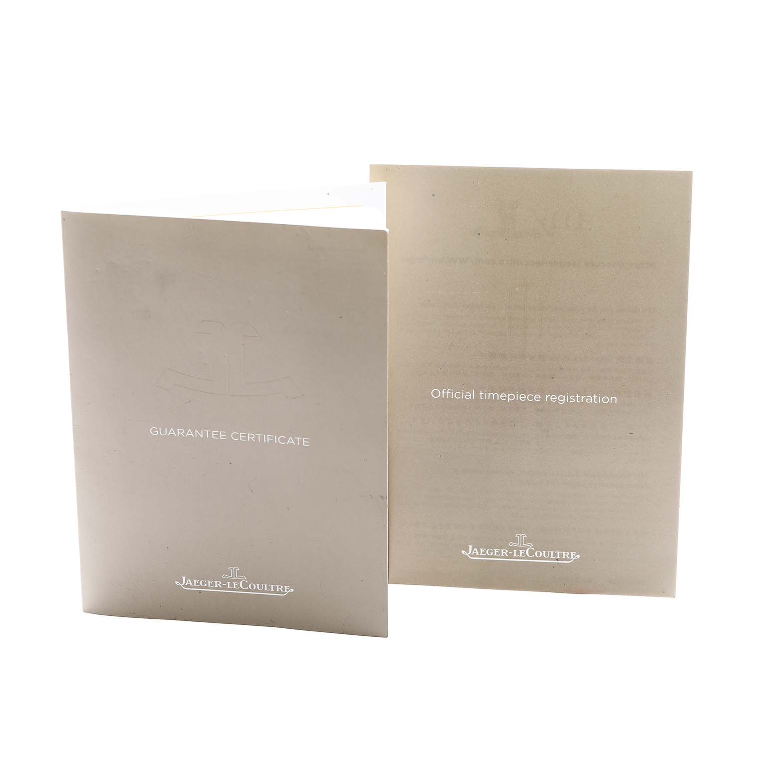 The image shows guarantee and registration booklets for the Jaeger-LeCoultre Master model.