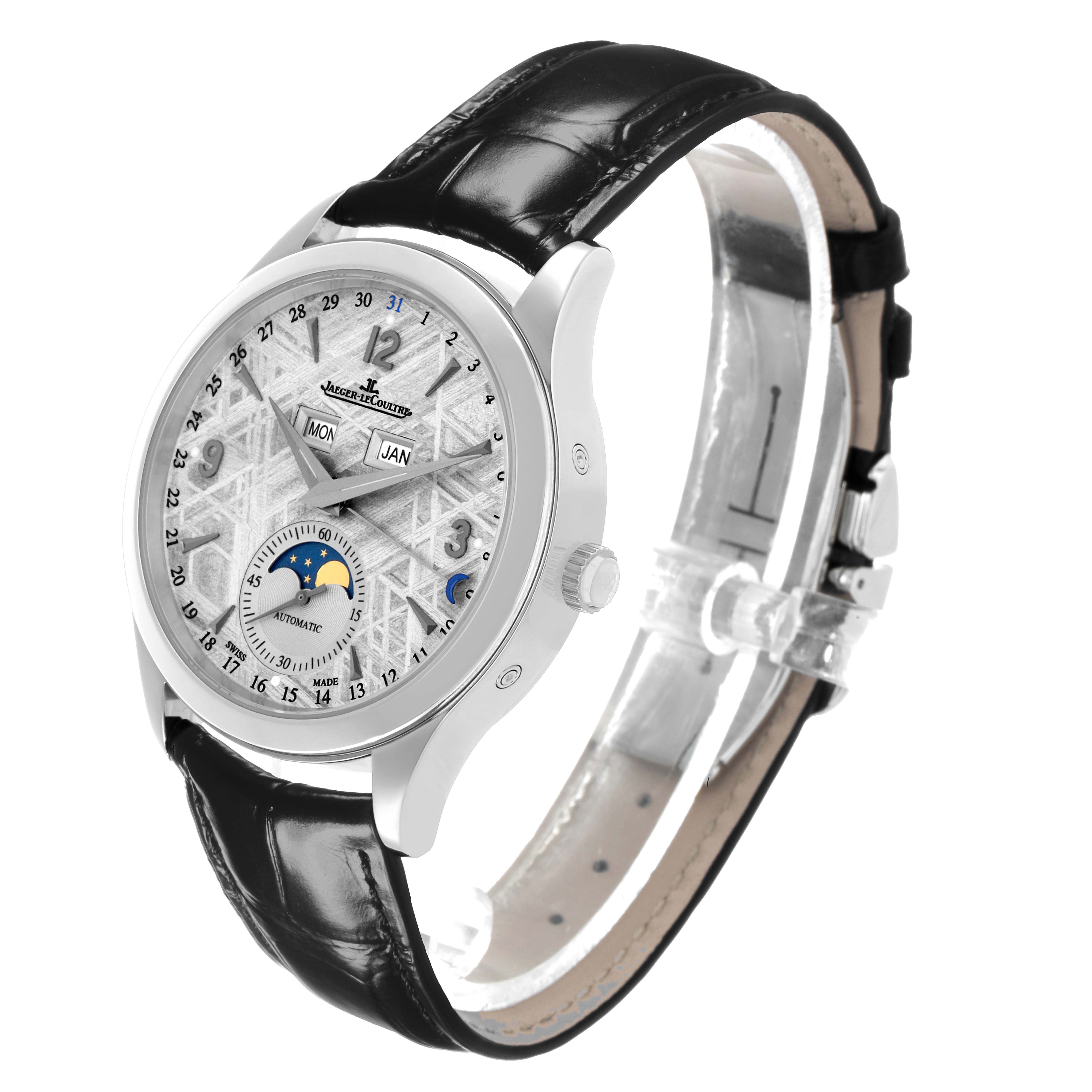 The Jaeger LeCoultre Master Q1558421 / 176.8.12.S Men's Stainless Steel Silver Dial watch is shown at a three-quarter angle, highlighting the face, dial, and leather strap.