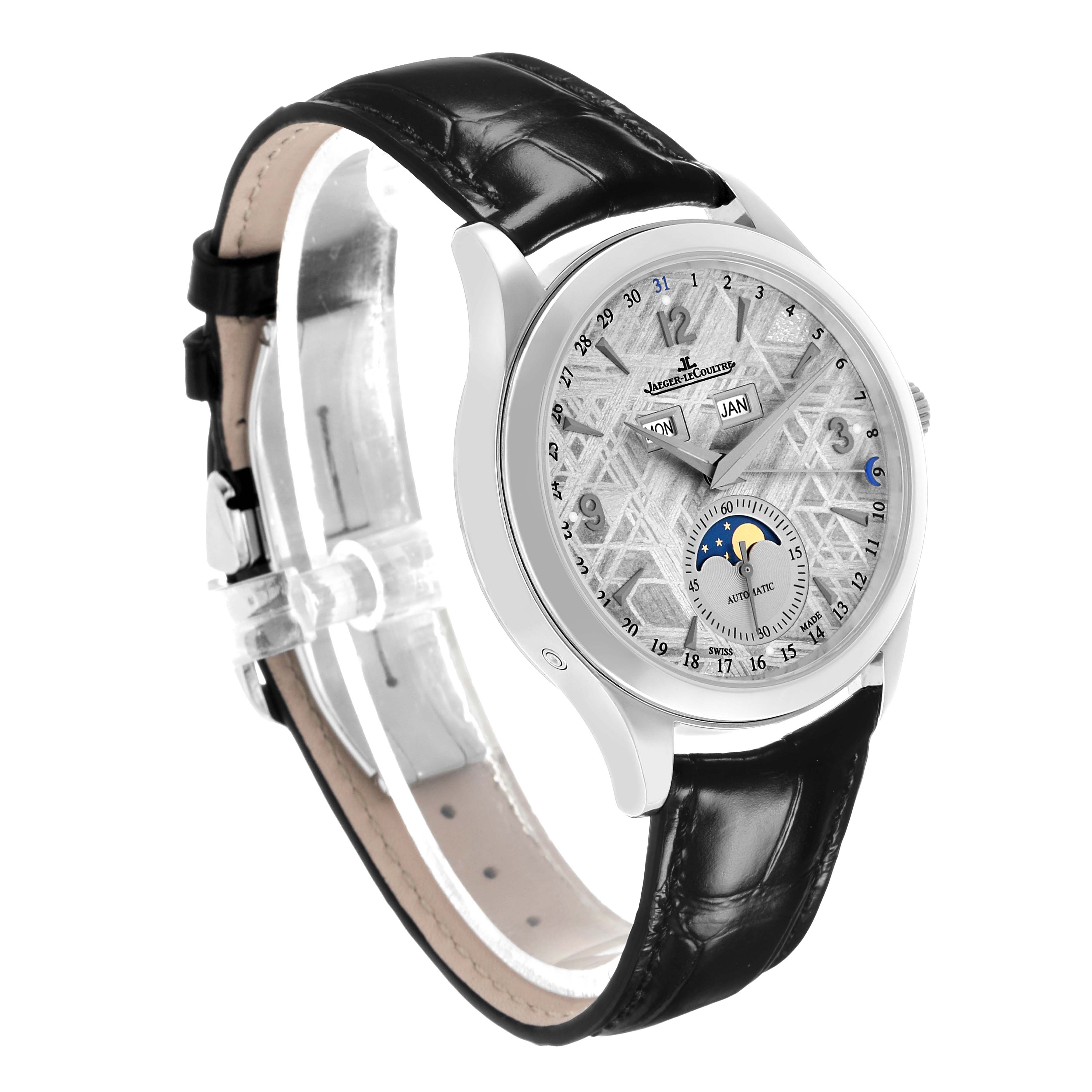 The Jaeger LeCoultre Master Q1558421 / 176.8.12.S Men's Stainless Steel Silver Dial watch is shown at a slight angle, highlighting its intricate dial, date indicators, and leather strap.