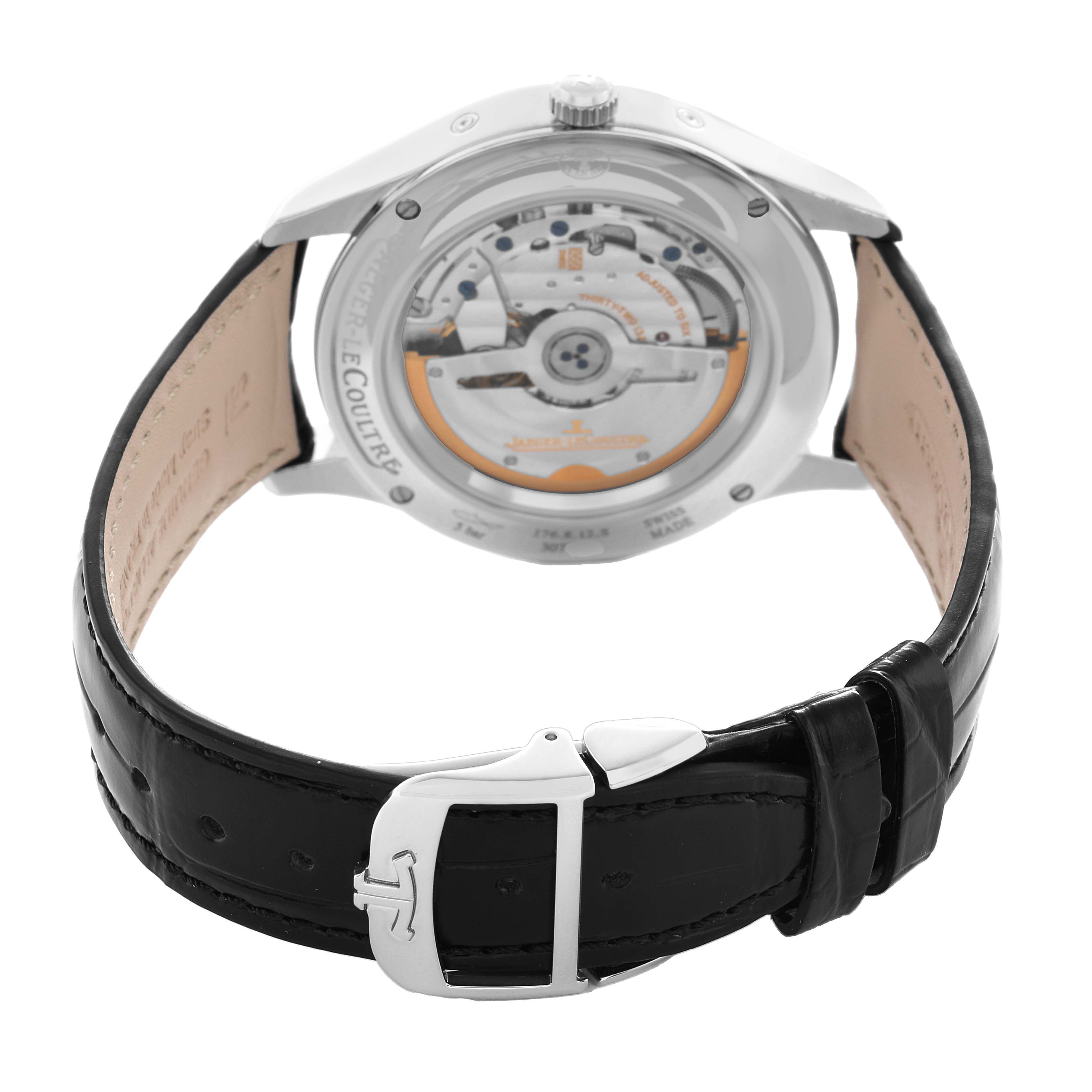 The Jaeger-LeCoultre Master model is shown from the back, highlighting its transparent case back and leather strap with clasp.