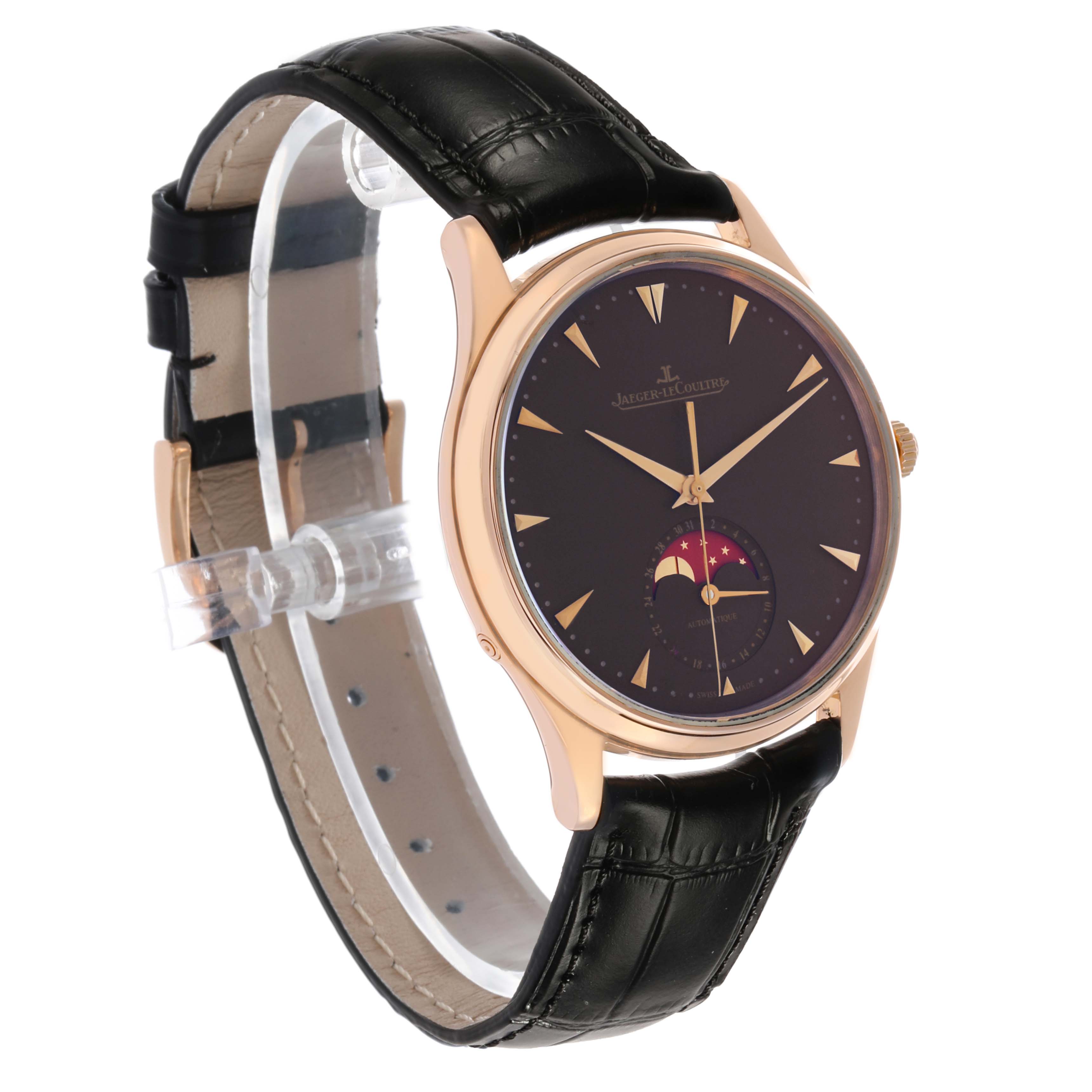 The Jaeger LeCoultre Master Q136256C Men's Rose Gold Brown Dial watch is shown at a three-quarter angle highlighting the dial, moonphase, and leather strap.