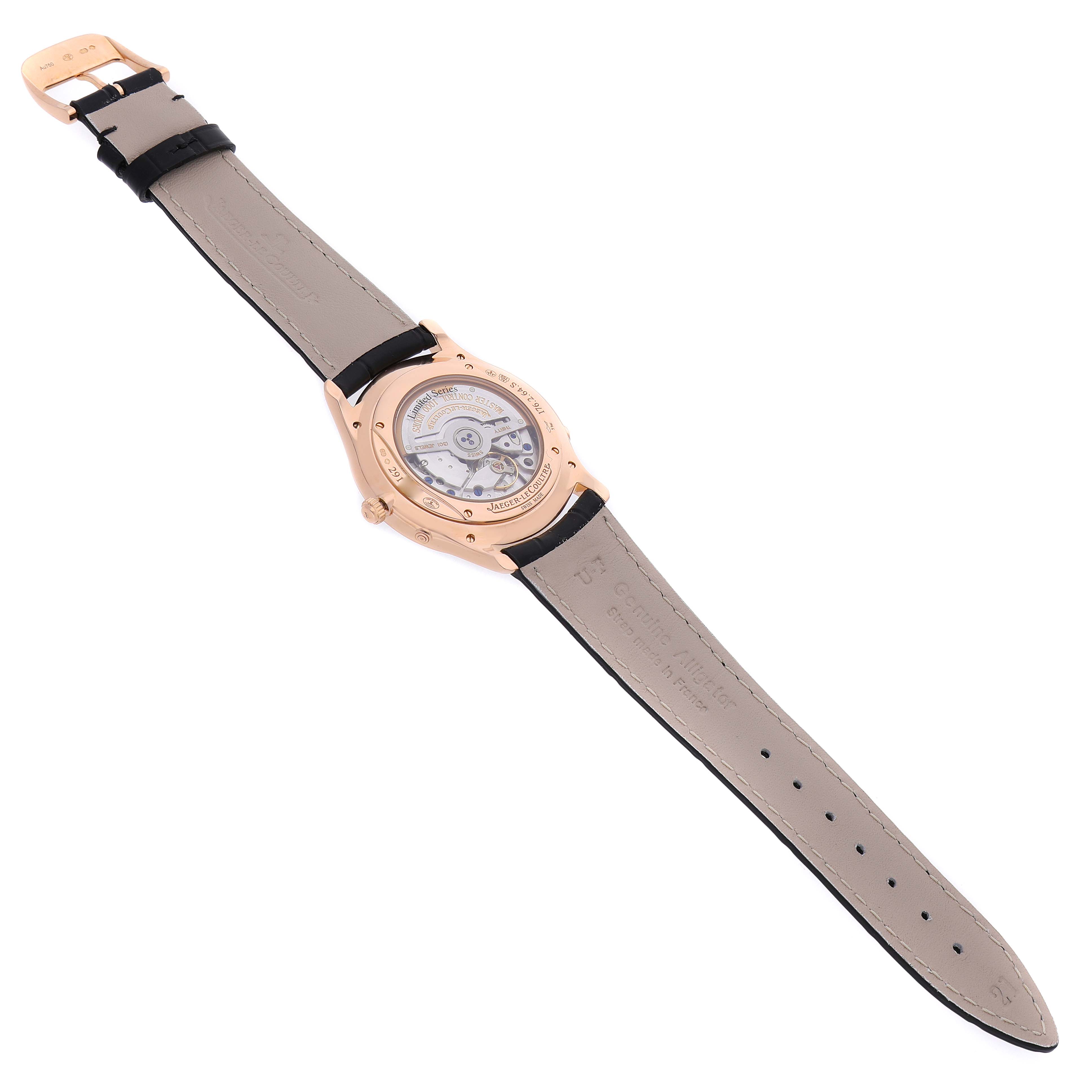 The image shows the back of the Jaeger LeCoultre Master Q136256C Men's Rose Gold Brown Dial watch, highlighting the transparent case back and movement.