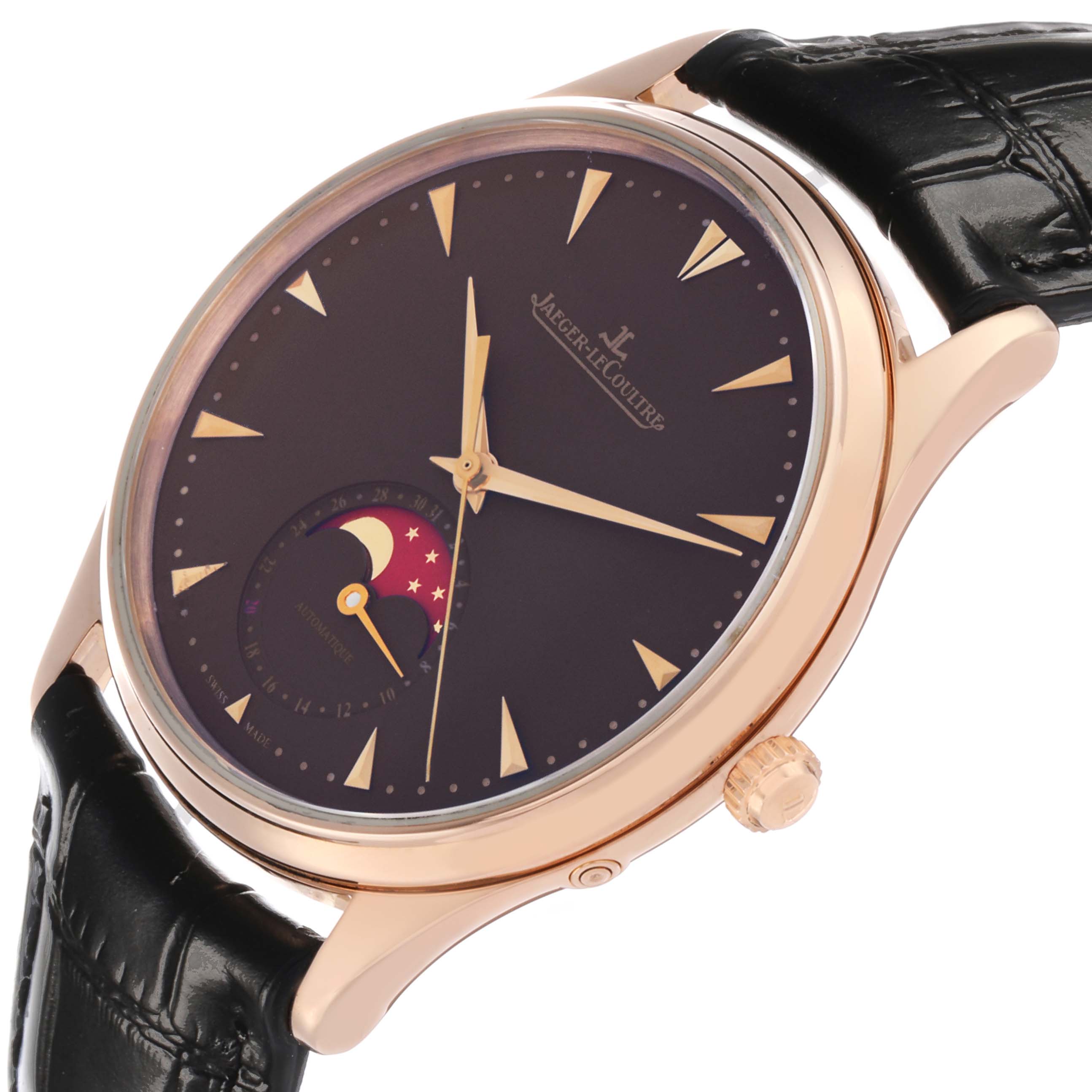 The Jaeger-LeCoultre Master model watch is shown at a slight angle, displaying its face, crown, and black leather strap.