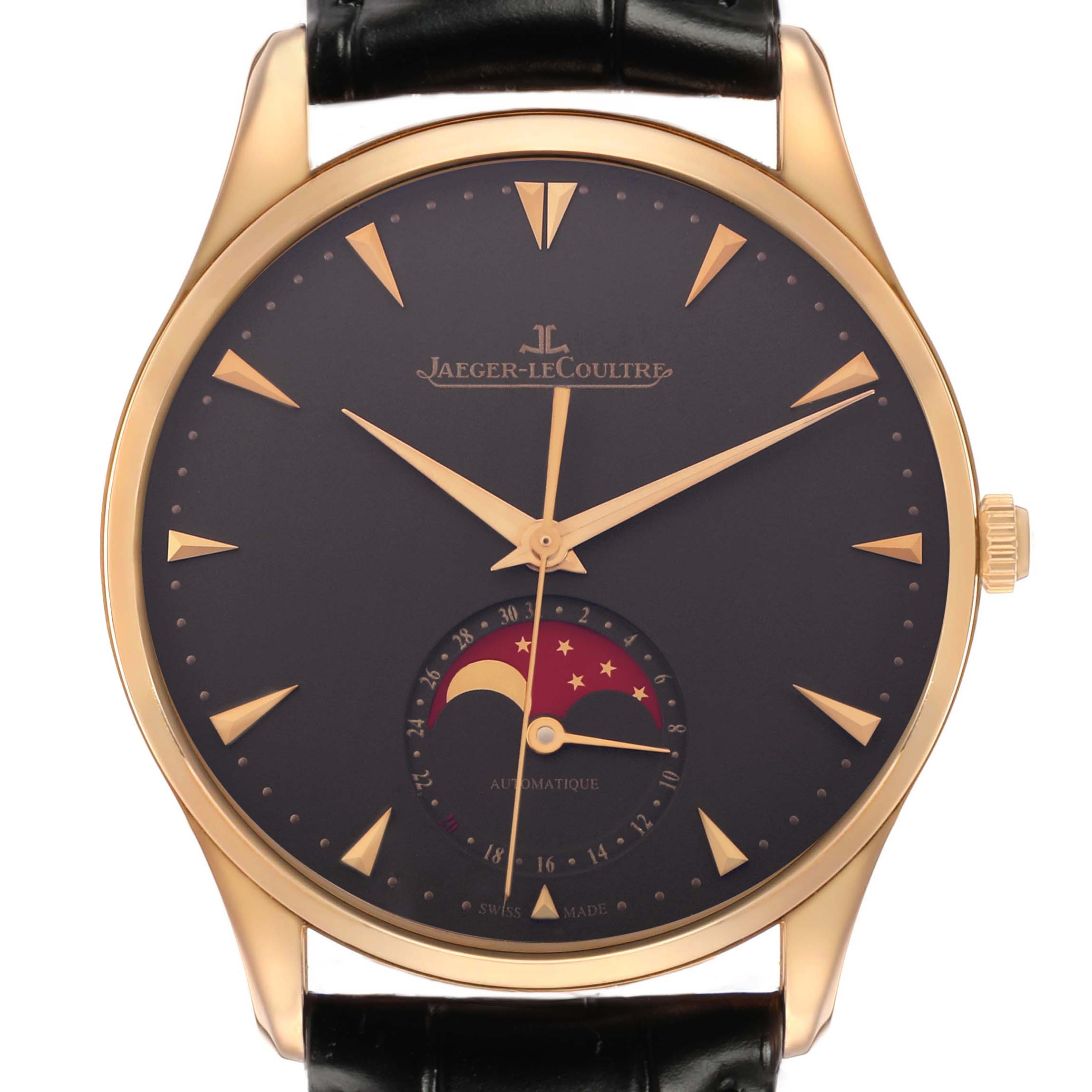 The Jaeger LeCoultre Master Q136256C Men's Rose Gold Brown Dial watch is shown from a front angle, displaying its dial, hands, indices, and moon phase feature.