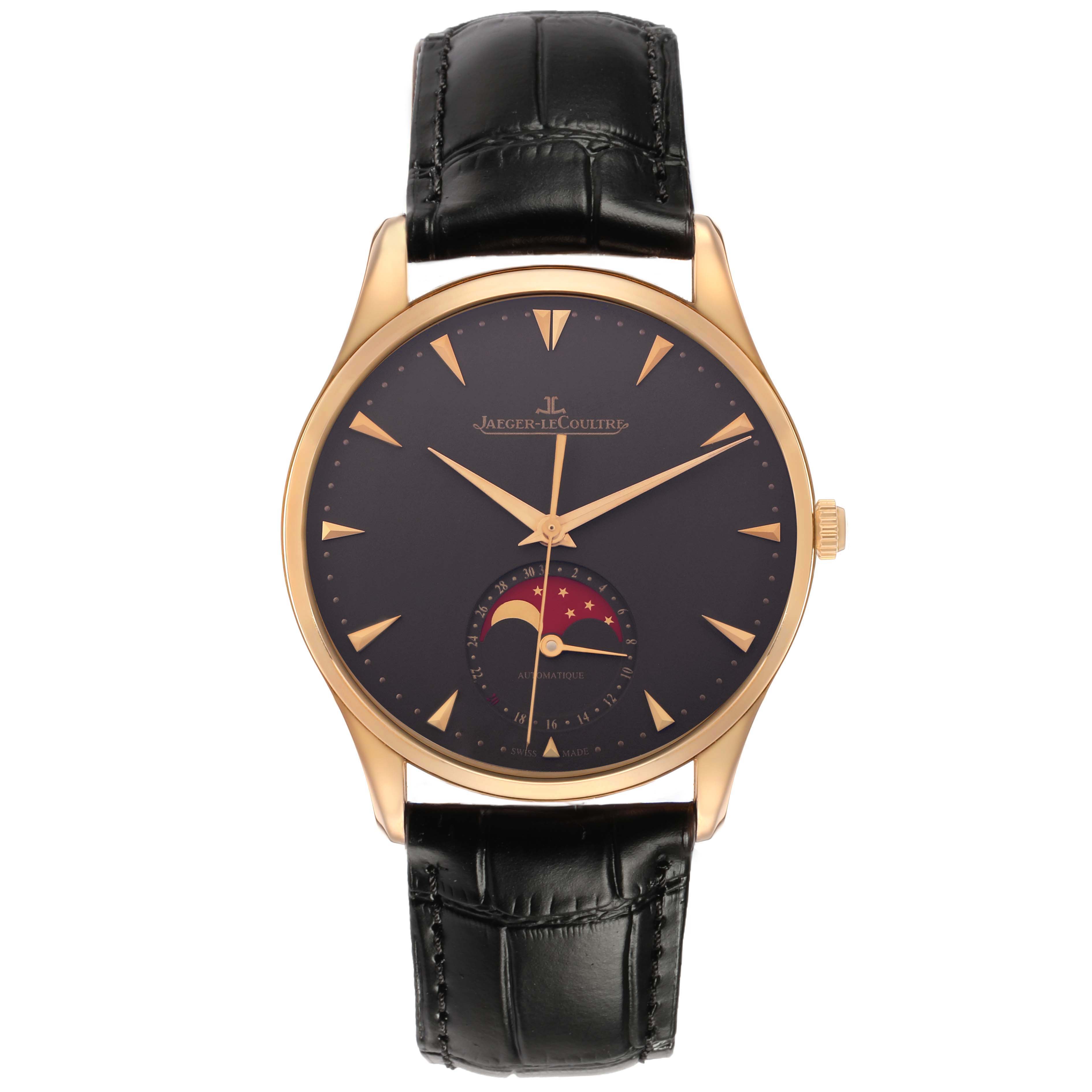 The Jaeger-LeCoultre Master watch is shown from the front, displaying its face, hands, moon phase, and black leather strap.