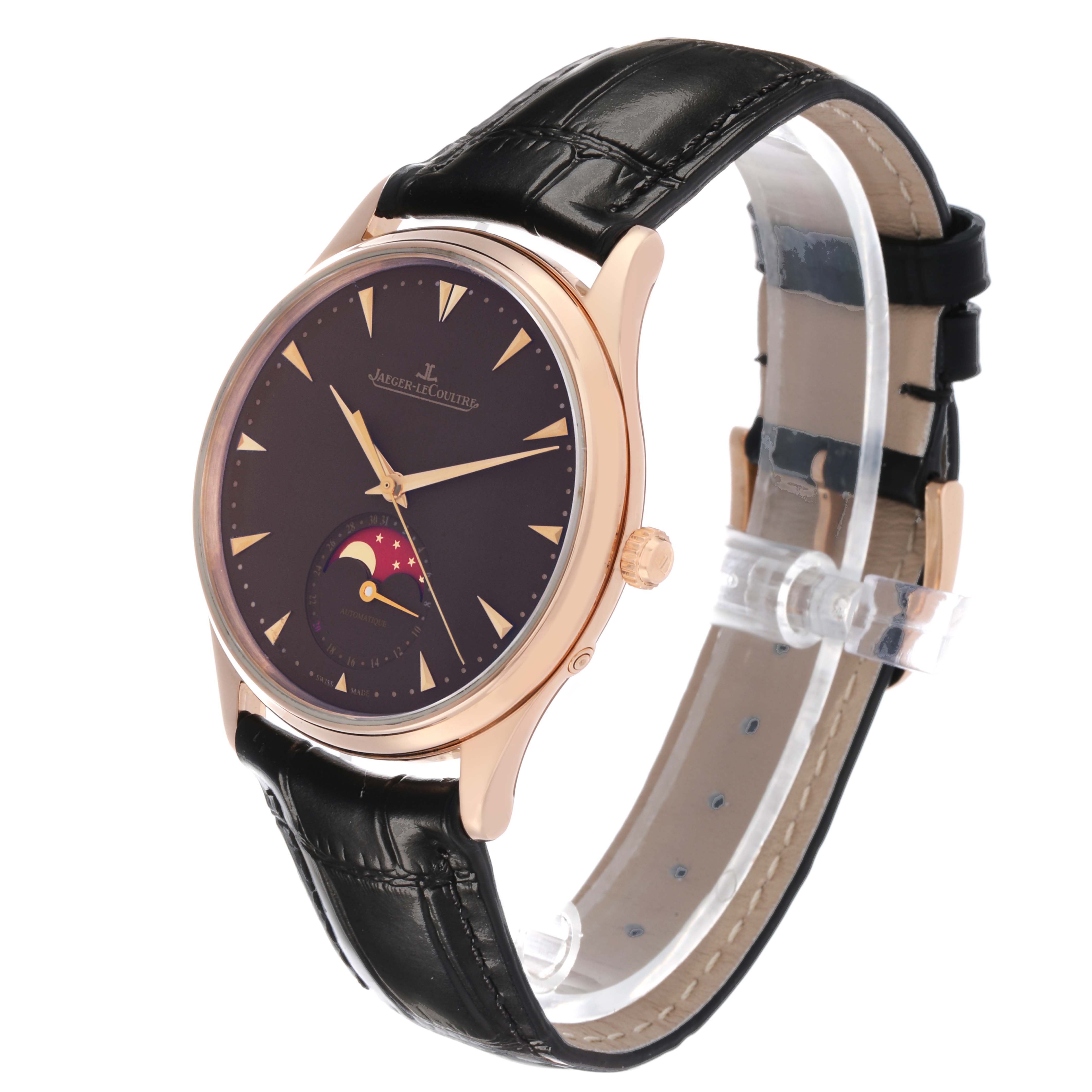 The Jaeger LeCoultre Master Q136256C Men's Rose Gold Brown Dial watch is shown at a three-quarter angle, highlighting the case, dial, crown, and leather strap.