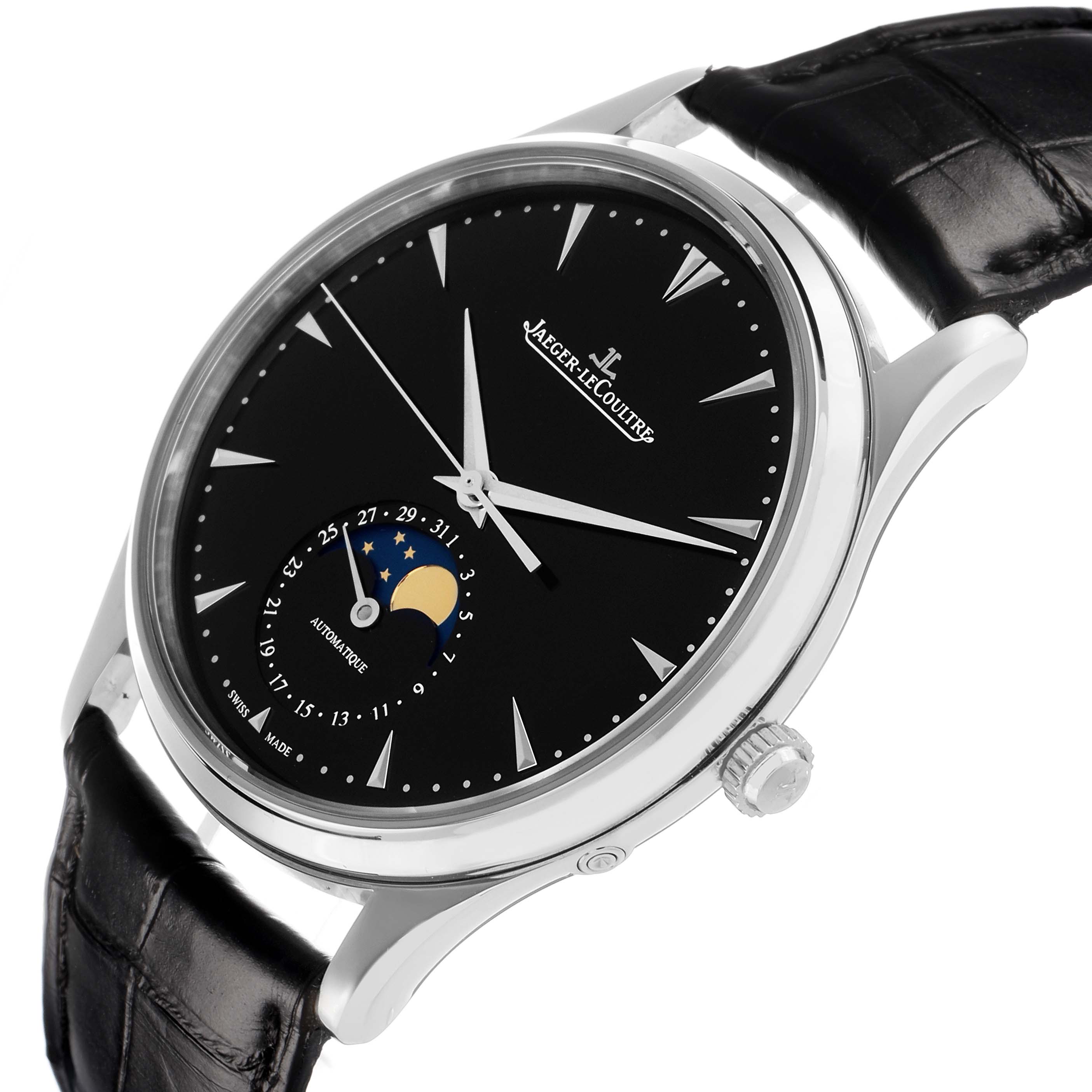 The Jaeger LeCoultre Master Q1368470 Men's Stainless Steel Black Dial watch is shown at a side angle, highlighting the dial, hands, moon phase, and strap attachment.