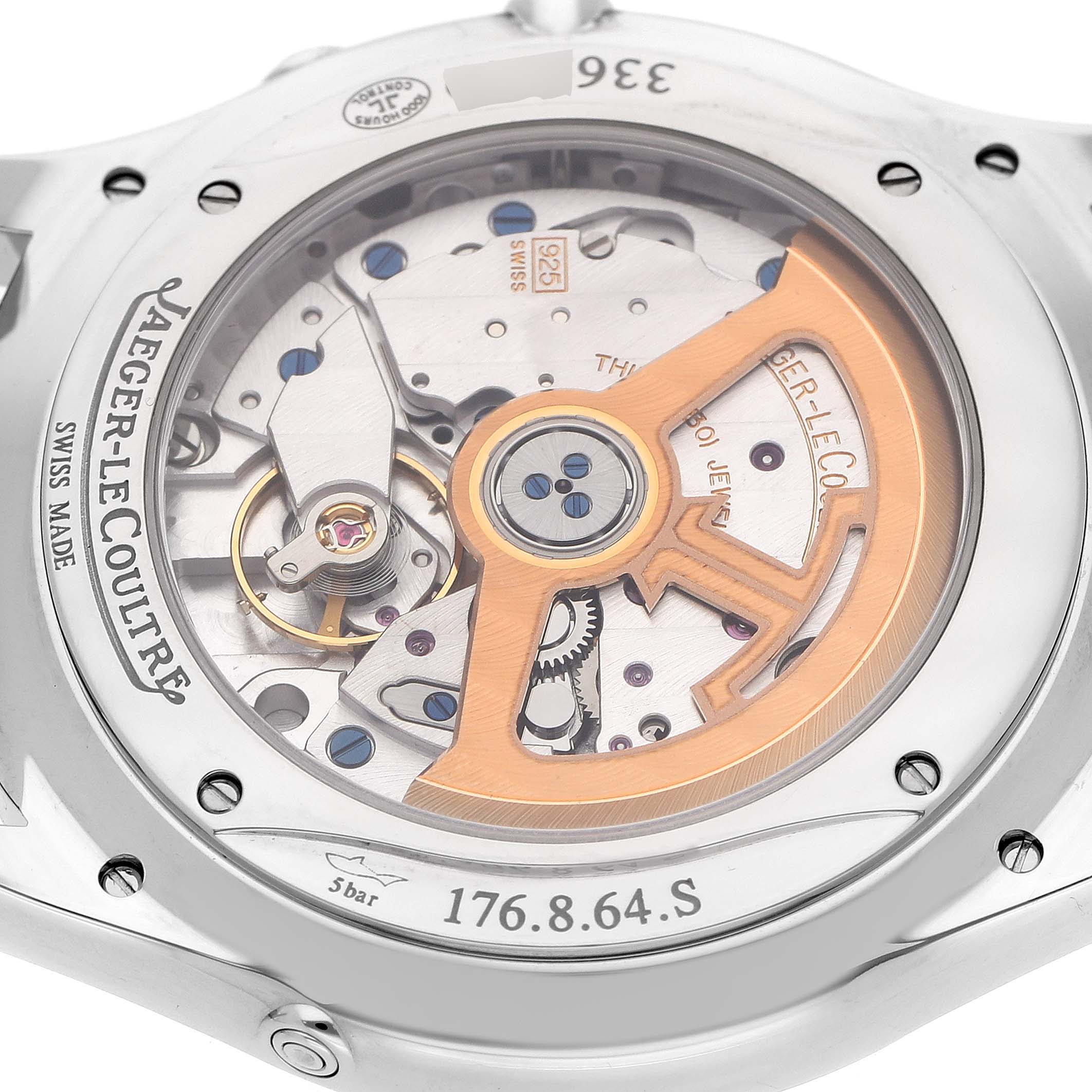 The image shows the back view of a Jaeger LeCoultre Master Q1368470 Men's Stainless Steel Black Dial model, revealing the movement and rotor.