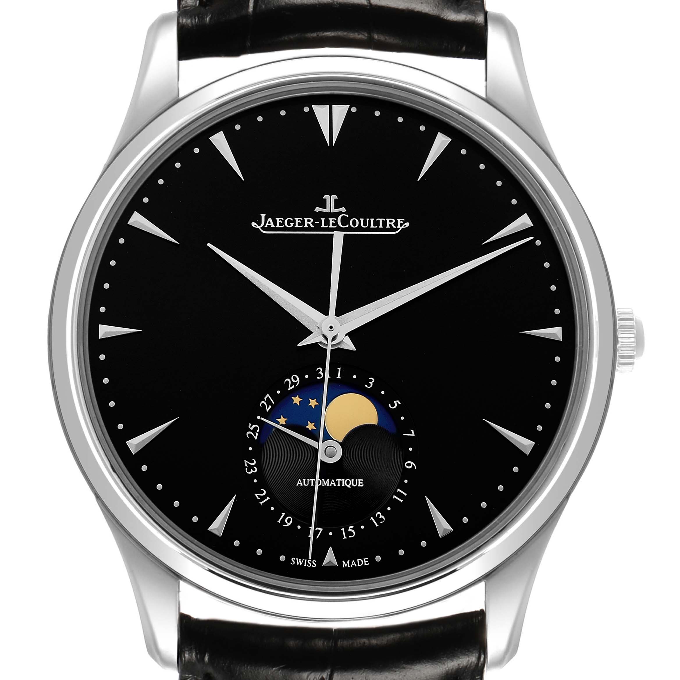The Jaeger-LeCoultre Master watch is shown from the front, highlighting its black dial, moon phase, and silver hands and markers.