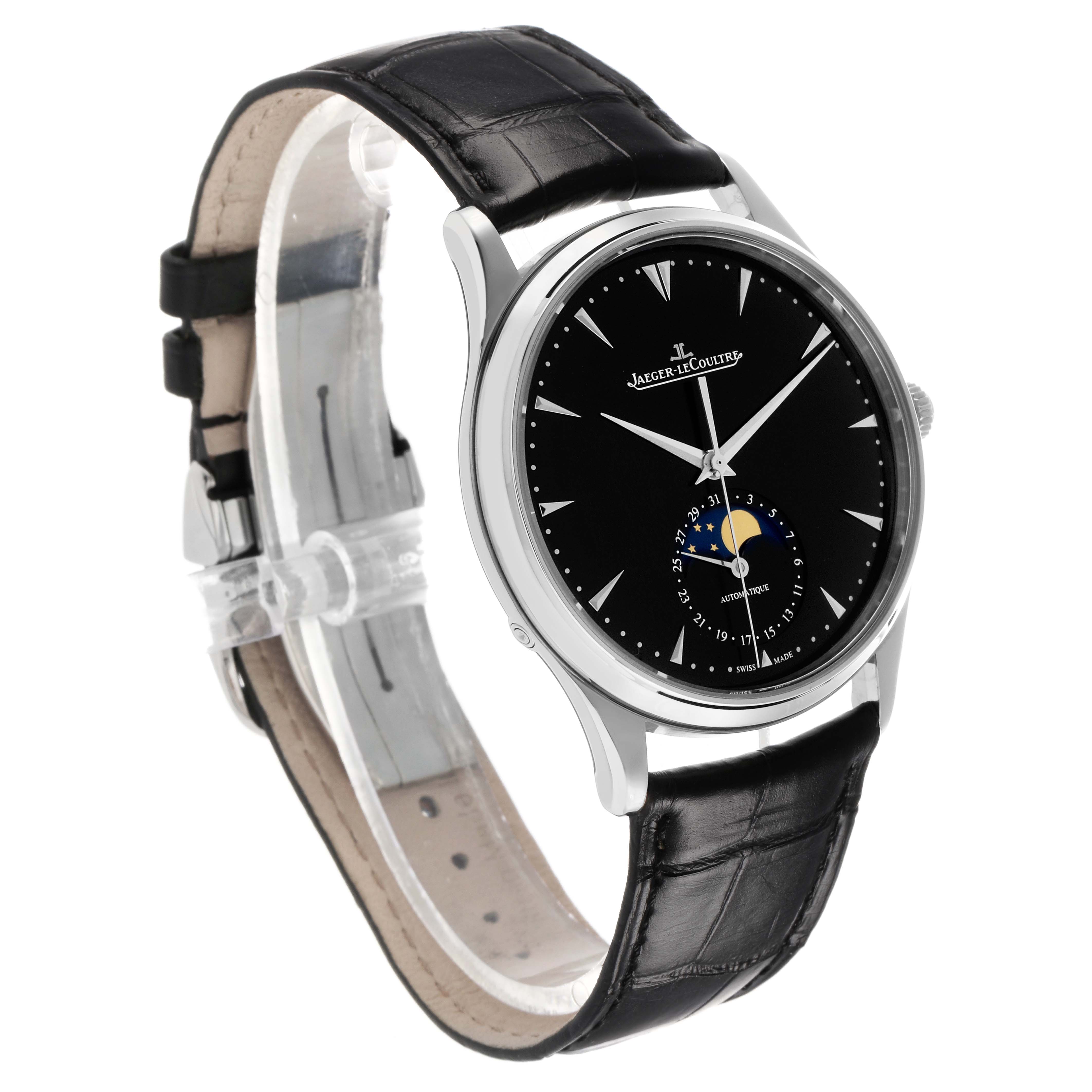The Jaeger-LeCoultre Master watch is shown at a three-quarter angle, revealing the black dial, moon phase, and leather strap.