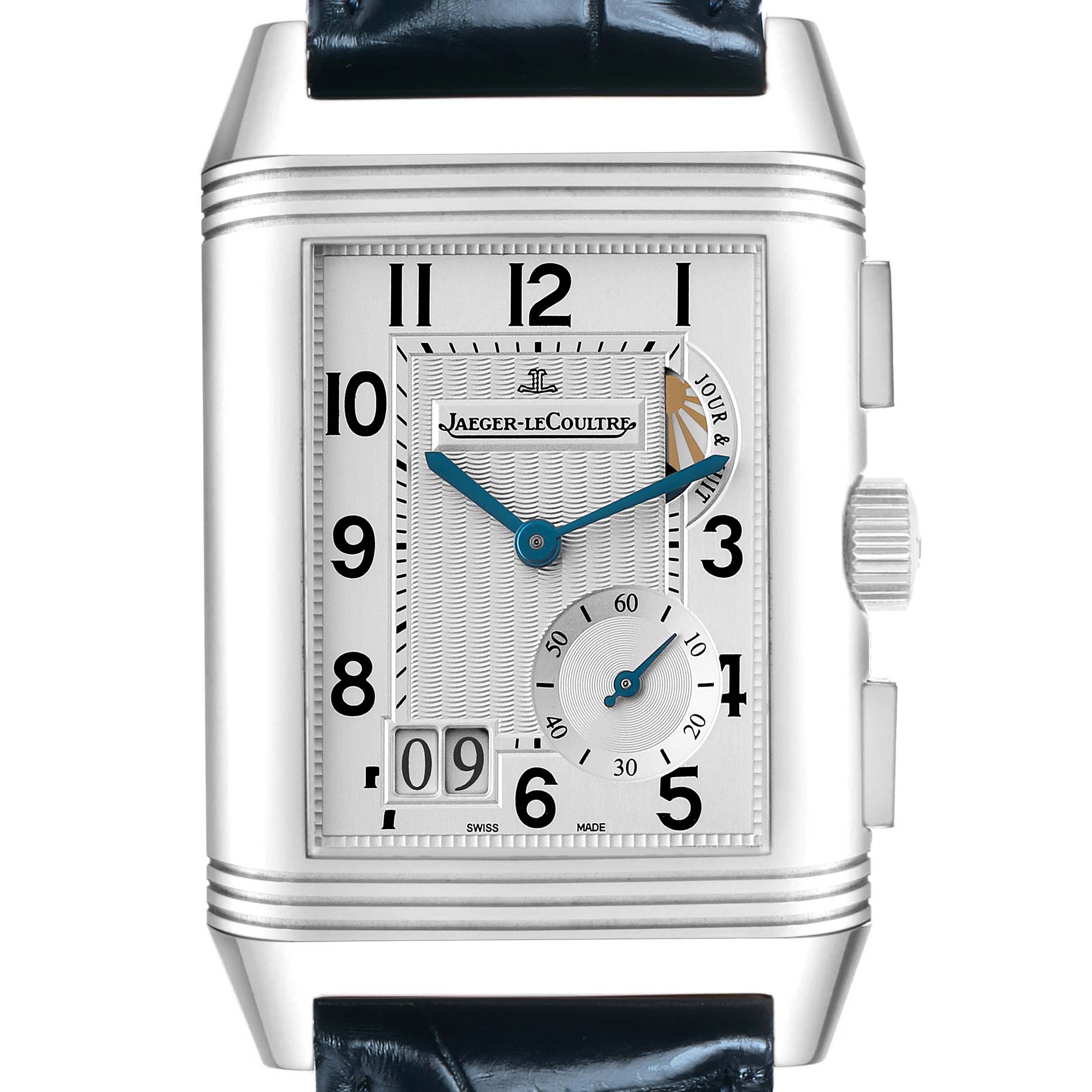 The Jaeger LeCoultre Reverso Q3028420 Men's Stainless Steel Silver Dial watch is shown from the front, displaying its rectangular dial, numerals, and subdials.
