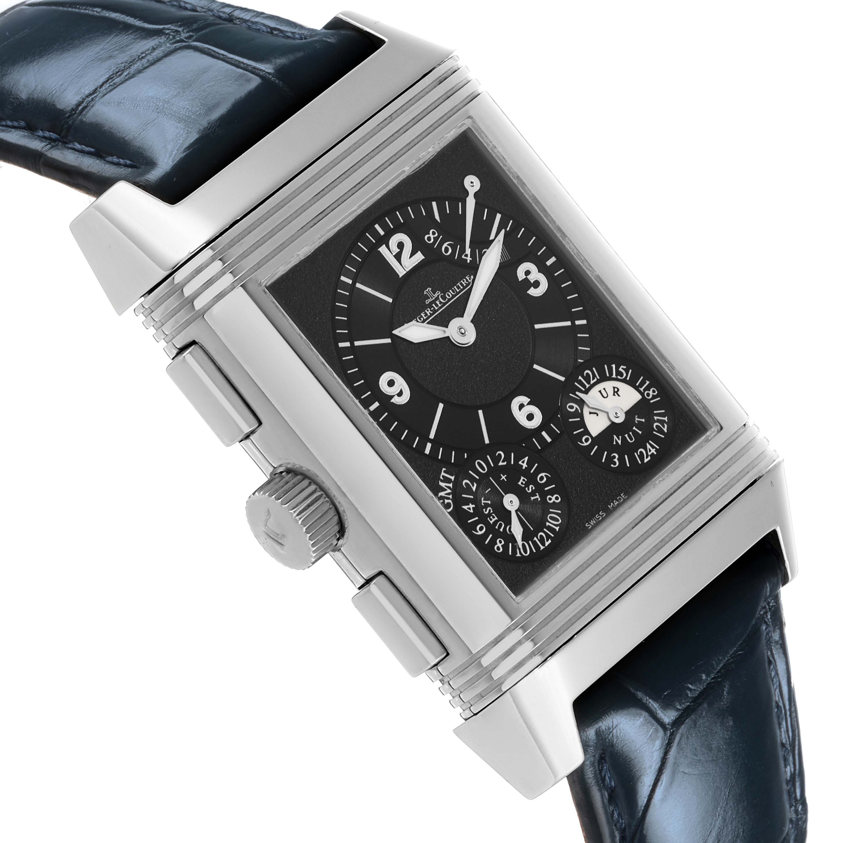 The Jaeger-LeCoultre Reverso watch is shown at an angle highlighting the face, crown, and part of the strap.