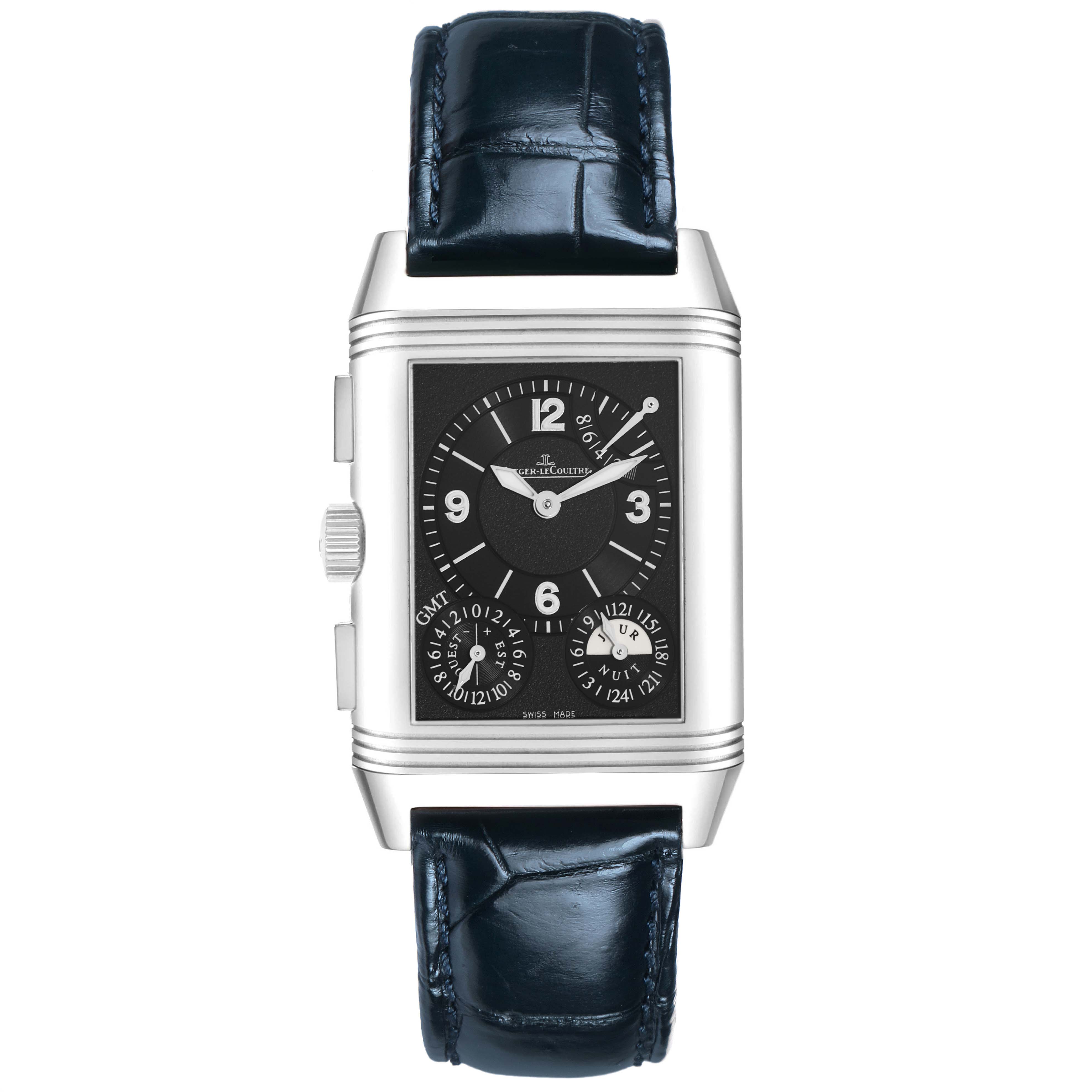 The Jaeger LeCoultre Reverso Q3028420 Men's Stainless Steel Silver Dial watch is shown from a top view, highlighting its rectangular face, dial, crown, and leather strap.