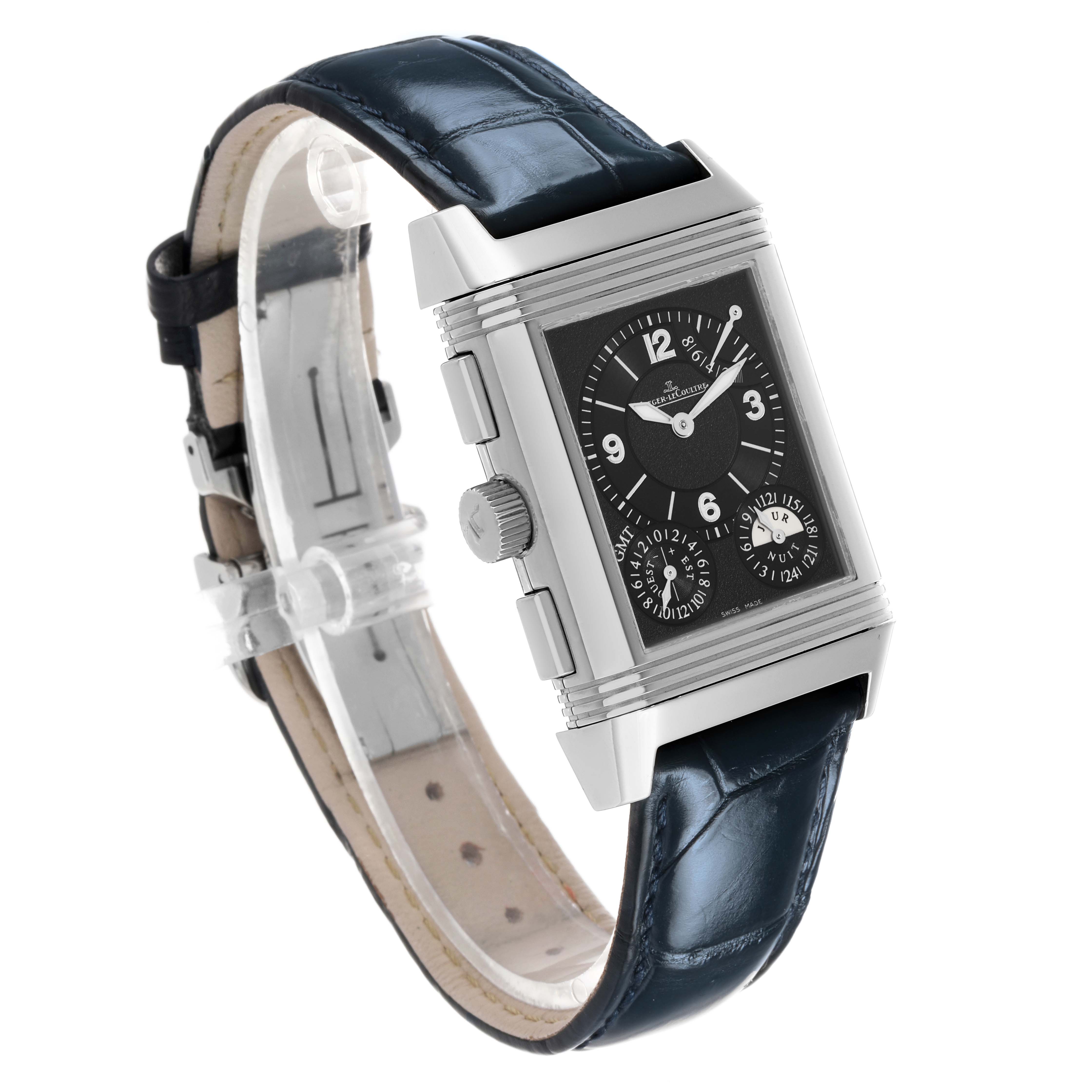 The Jaeger LeCoultre Reverso Q3028420 Men's Stainless Steel Silver Dial watch is shown at a three-quarter angle, highlighting the face, crown, and leather strap.