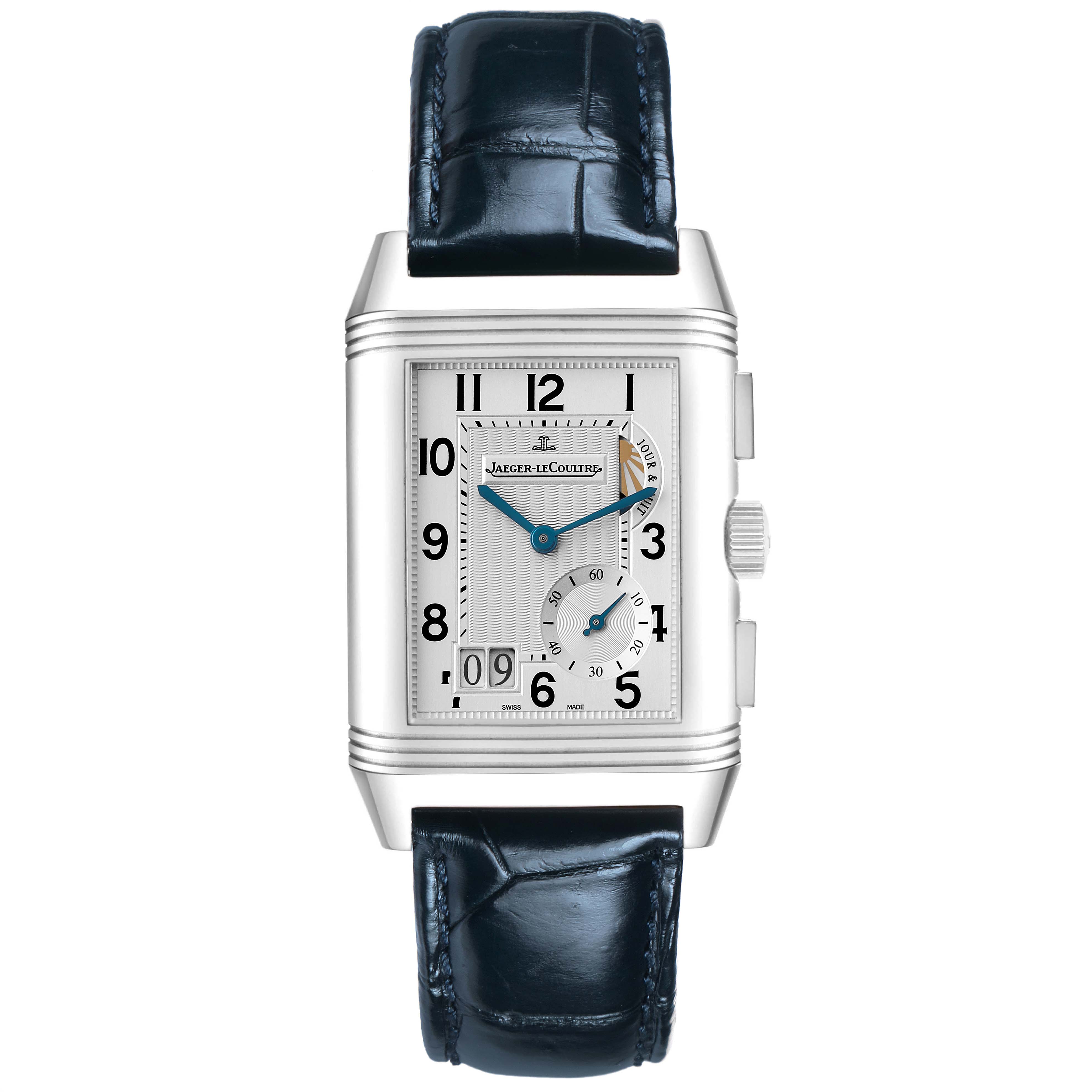 The Jaeger LeCoultre Reverso Q3028420 Men's Stainless Steel Silver Dial watch is shown from a front view, displaying its rectangular dial and leather strap.
