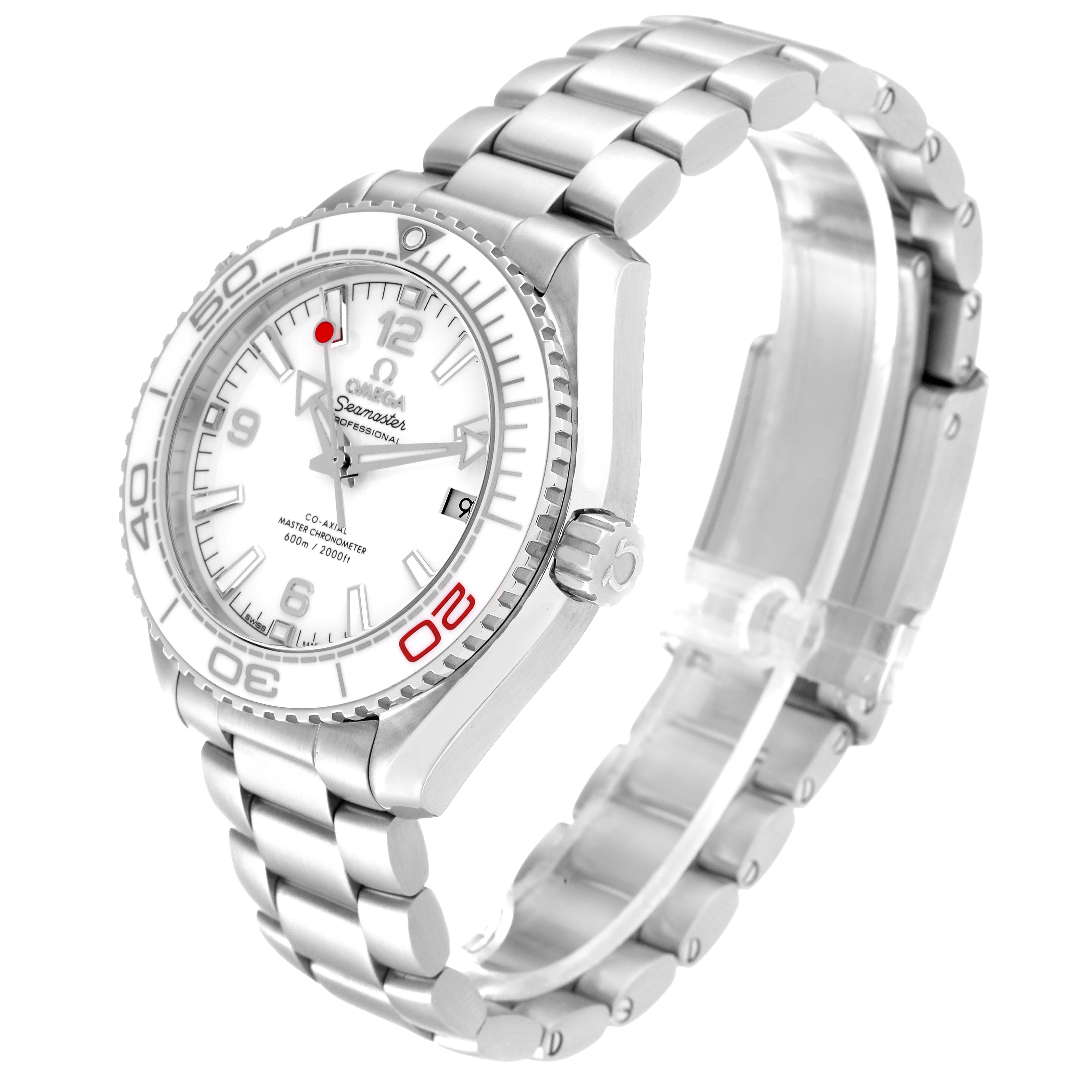 The image shows an angled view of the Omega Planet Ocean 522.33.40.20.04.001 Men's Stainless Steel White Dial 522.33.40.20.04.001 Men's Stainless Steel White Dial watch, highlighting its stainless steel case, white dial, and metal bracelet.