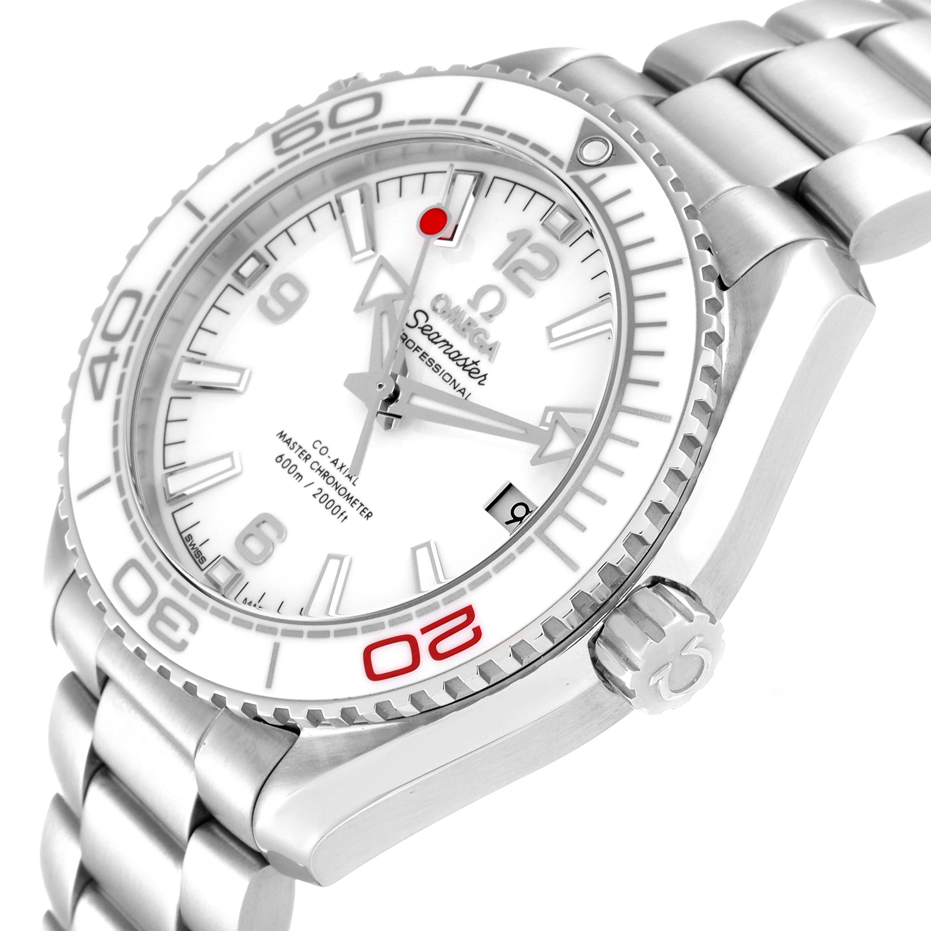 The image shows an angled close-up of the dial, bezel, and part of the bracelet of the Omega Planet Ocean 522.33.40.20.04.001 Men's Stainless Steel White Dial 522.33.40.20.04.001 Men's Stainless Steel White Dial watch.