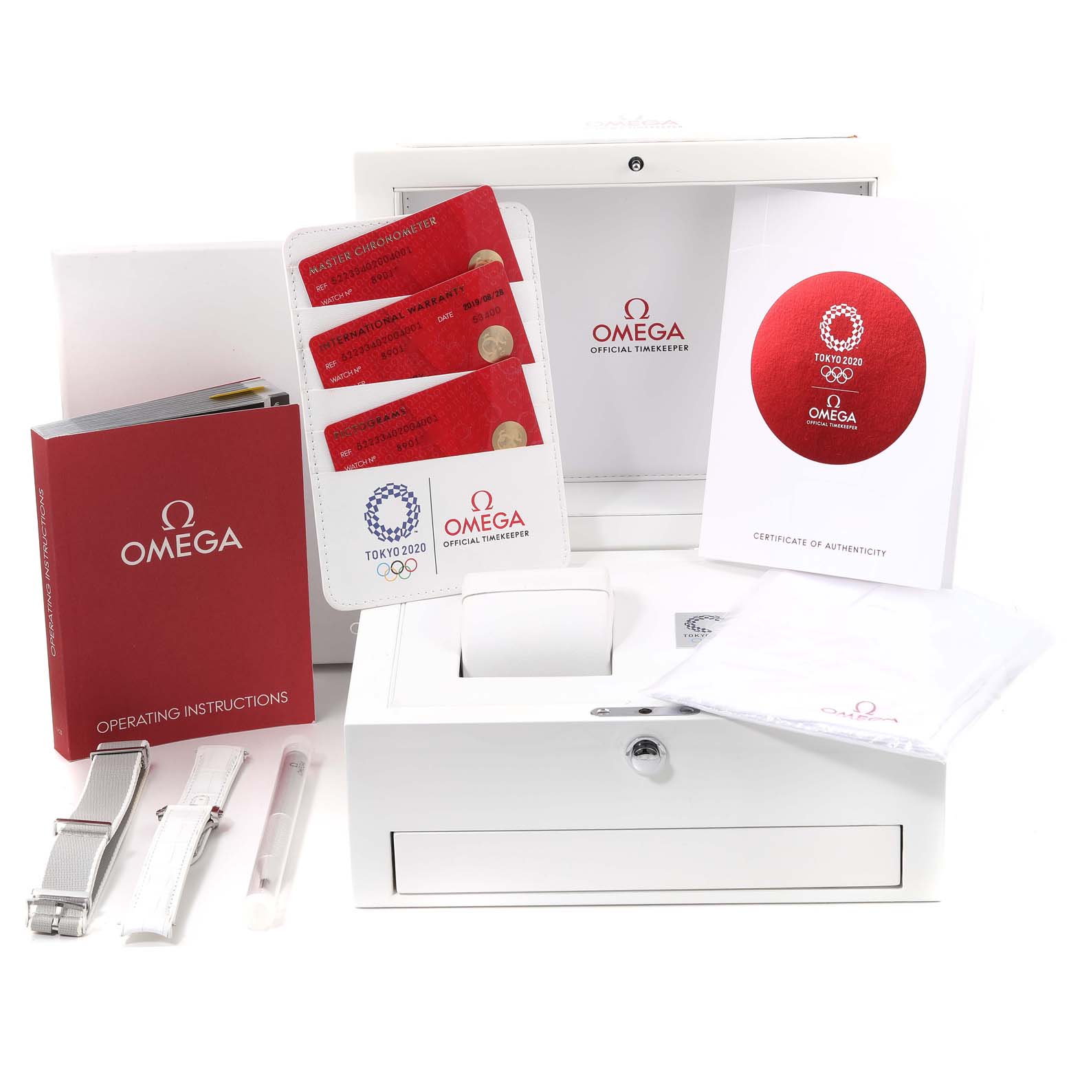 The image shows the packaging and accessories for the Omega Planet Ocean 522.33.40.20.04.001 Men's Stainless Steel White Dial 522.33.40.20.04.001 Men's Stainless Steel White Dial watch, including the box, instruction manual, certificate, and additional straps.