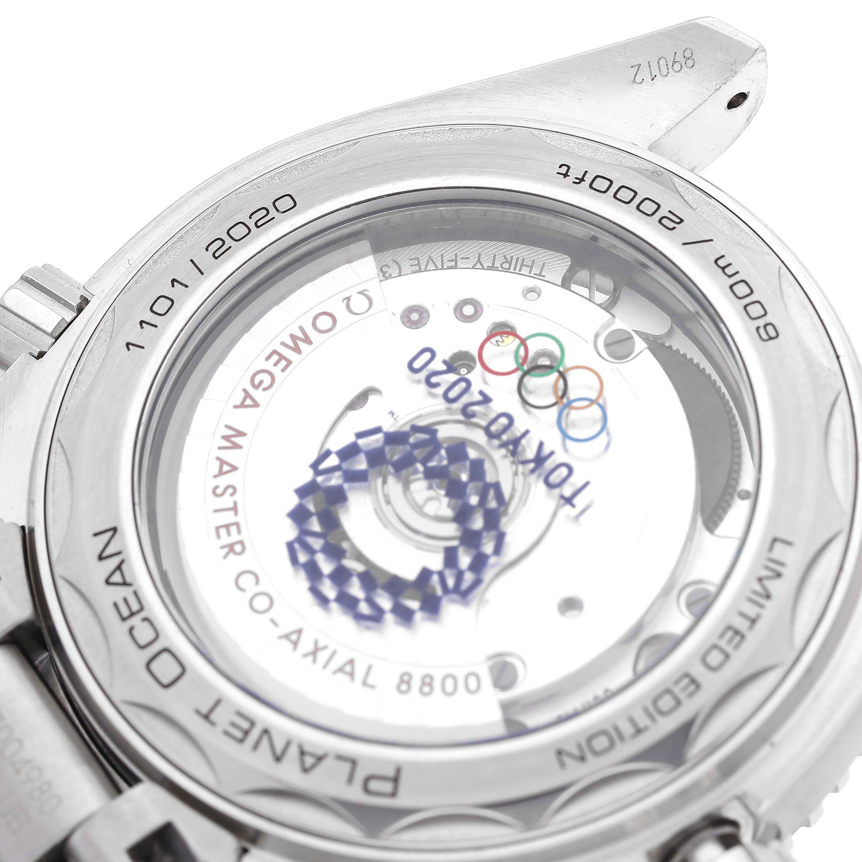 The image shows the back of the Omega Planet Ocean 522.33.40.20.04.001 Men's Stainless Steel White Dial 522.33.40.20.04.001 Men's Stainless Steel White Dial watch, focusing on the Co-Axial Master Chronometer movement.