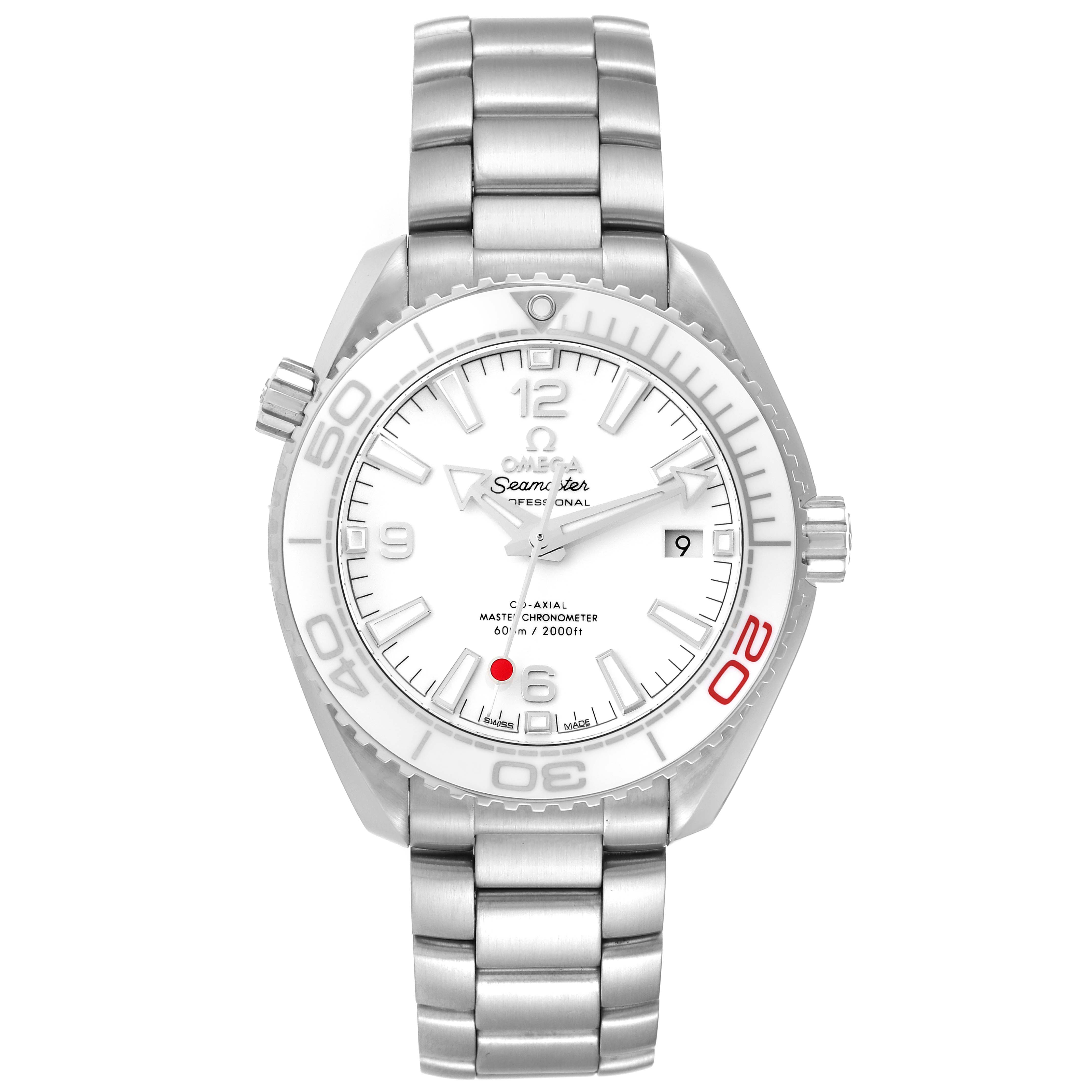 The image shows the Omega Planet Ocean 522.33.40.20.04.001 Men's Stainless Steel White Dial 522.33.40.20.04.001 Men's Stainless Steel White Dial watch from a front-facing angle, displaying the face, bezel, and bracelet.