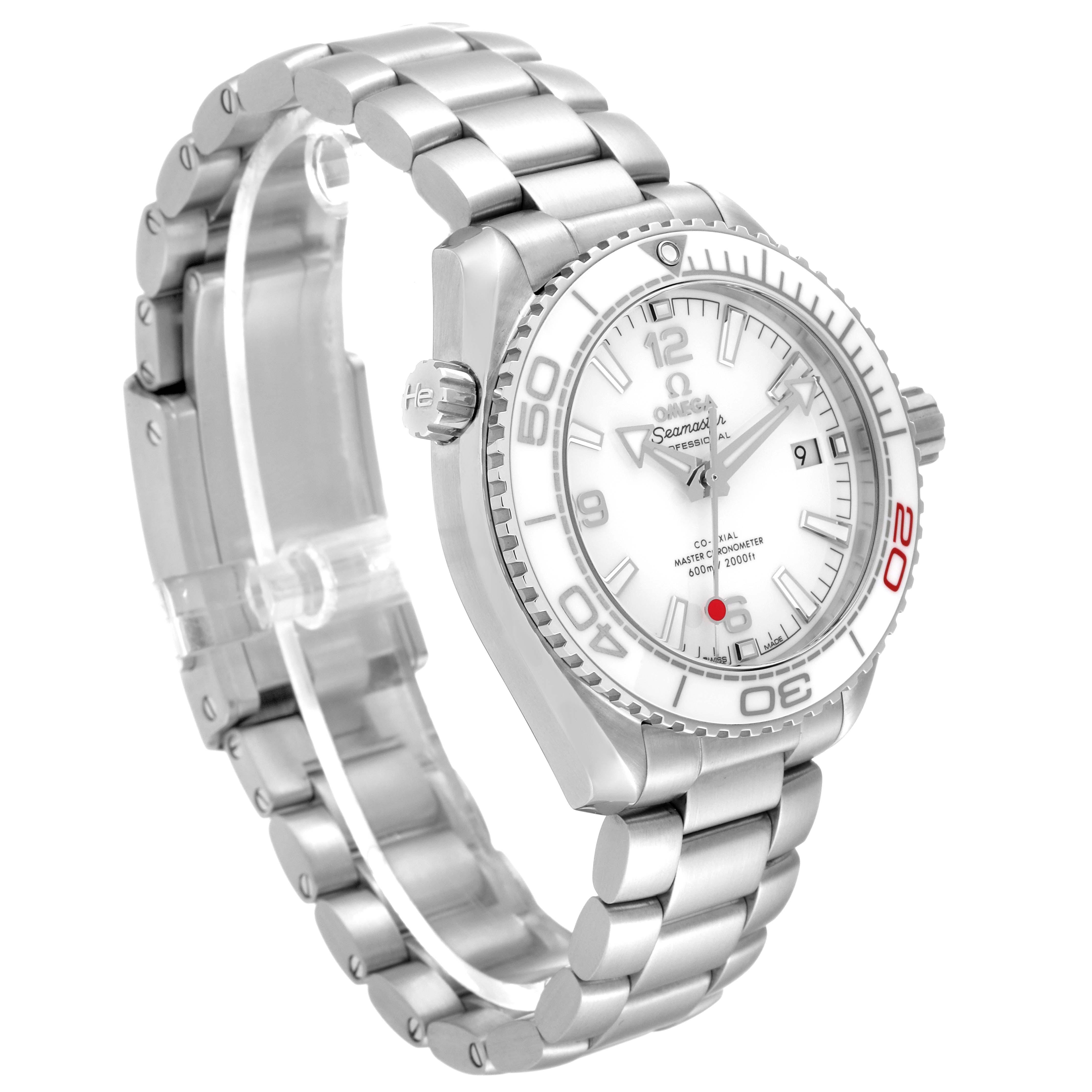 The Omega Planet Ocean 522.33.40.20.04.001 Men's Stainless Steel White Dial 522.33.40.20.04.001 Men's Stainless Steel White Dial watch is shown at a three-quarter angle, displaying its dial, bezel, and stainless steel bracelet.