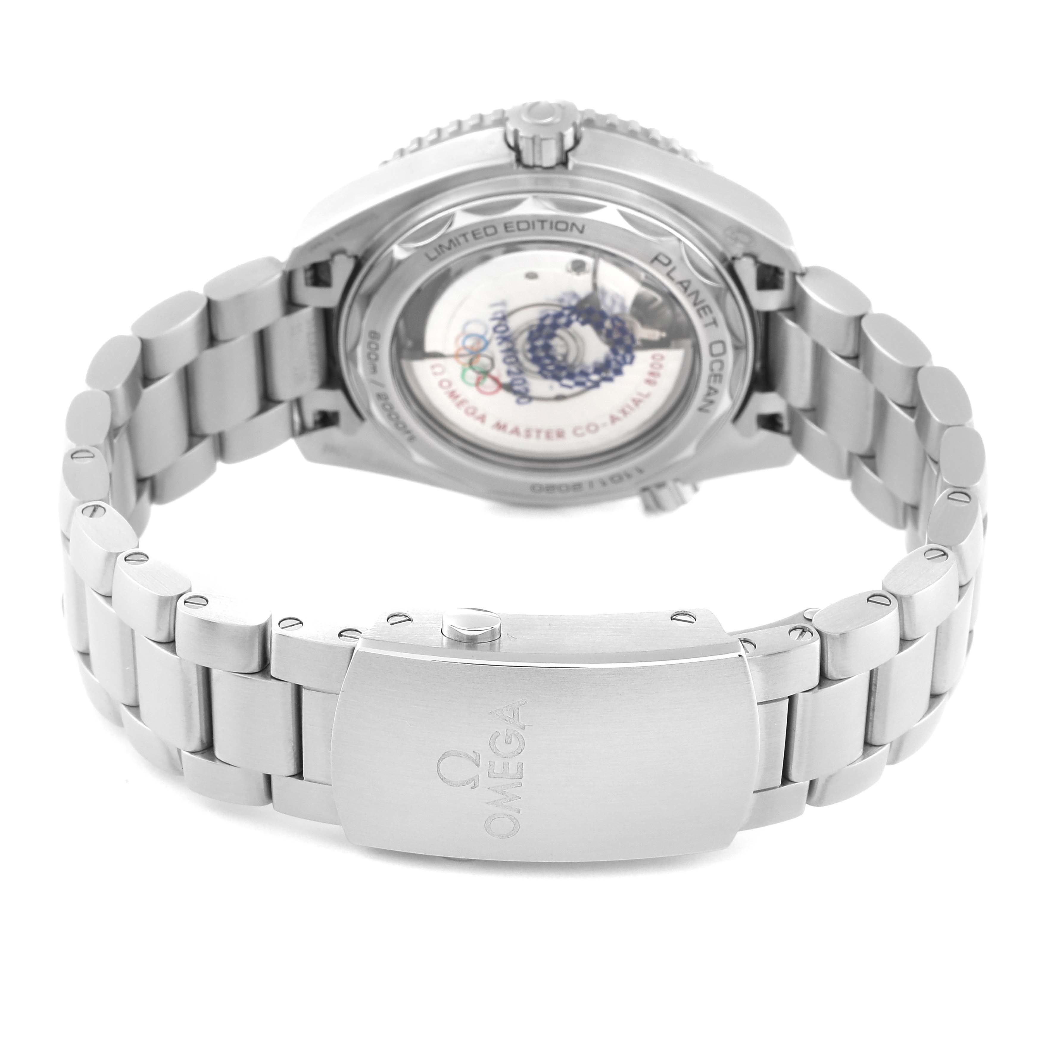 The image shows the back of the Omega Planet Ocean 522.33.40.20.04.001 Men's Stainless Steel White Dial 522.33.40.20.04.001 Men's Stainless Steel White Dial watch and its stainless steel bracelet.