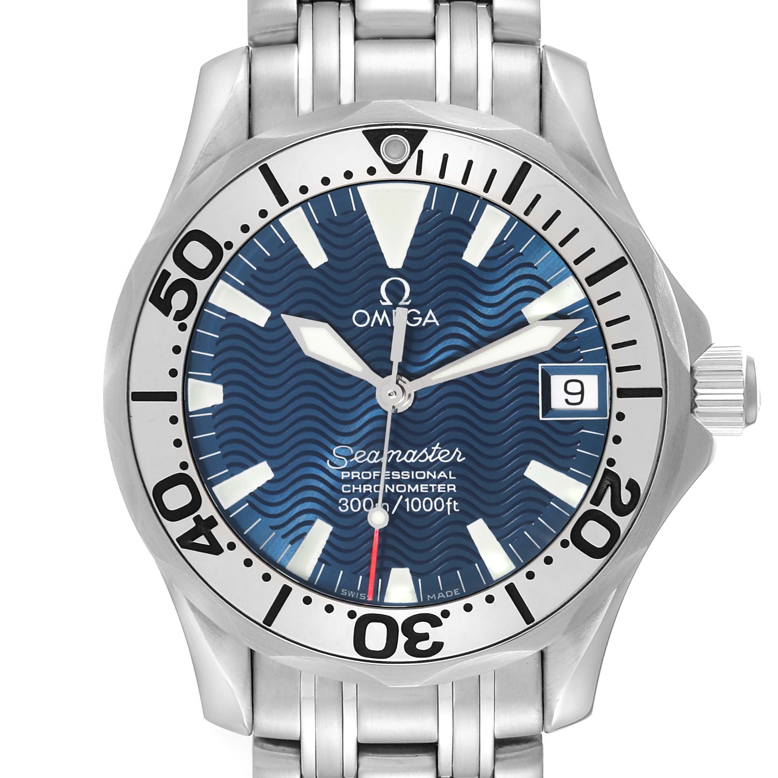 The image shows a front view of the Omega Seamaster 2253.80.00 Men
s Stainless Steel Blue Dial 2253.80.00 Men
s Stainless Steel Blue Dial watch, featuring its bezel, blue dial, hands, markers, and date window.