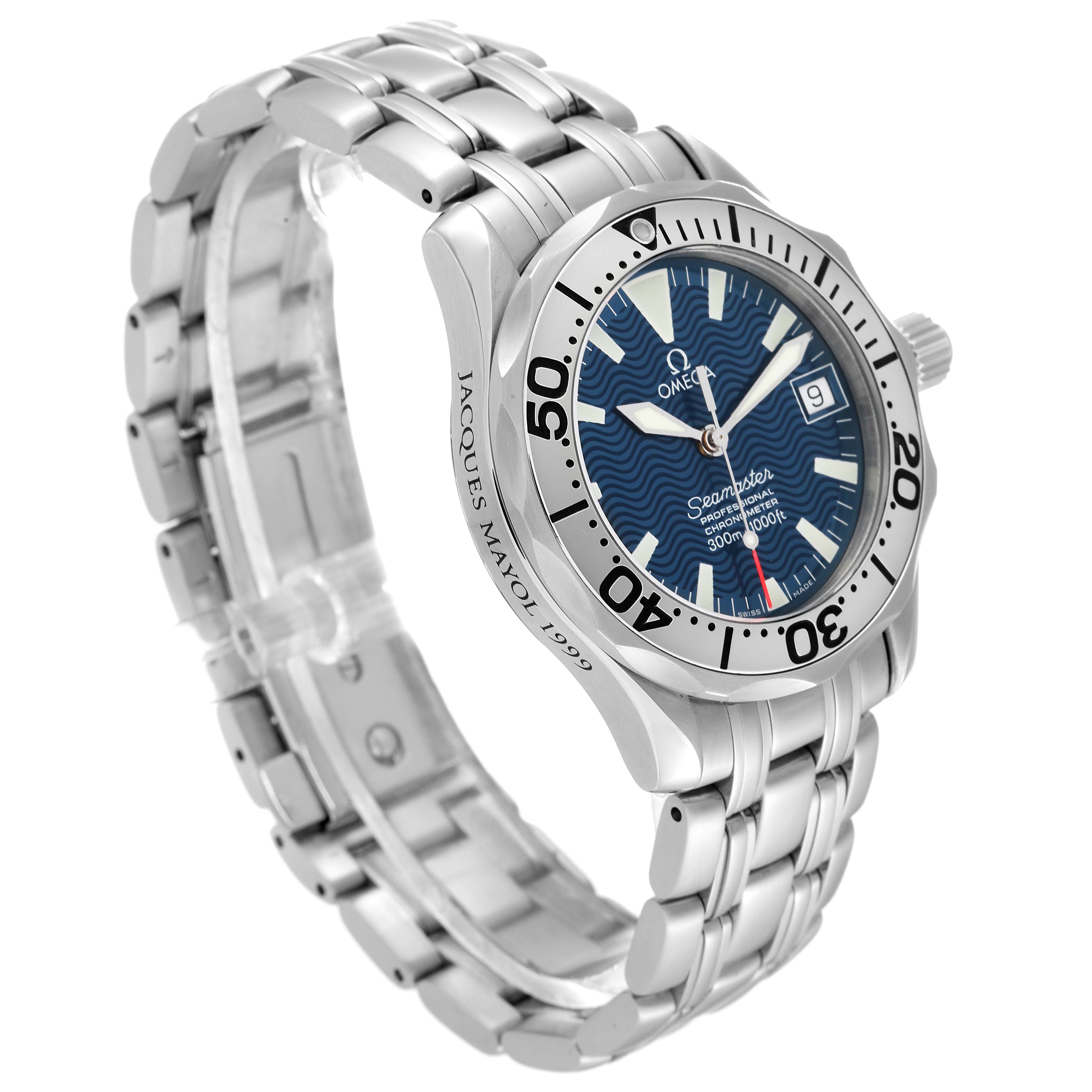 The image shows an angled view of the Omega Seamaster 2253.80.00 Men
s Stainless Steel Blue Dial 2253.80.00 Men
s Stainless Steel Blue Dial watch, highlighting the watch face, bezel, crown, and stainless steel bracelet.