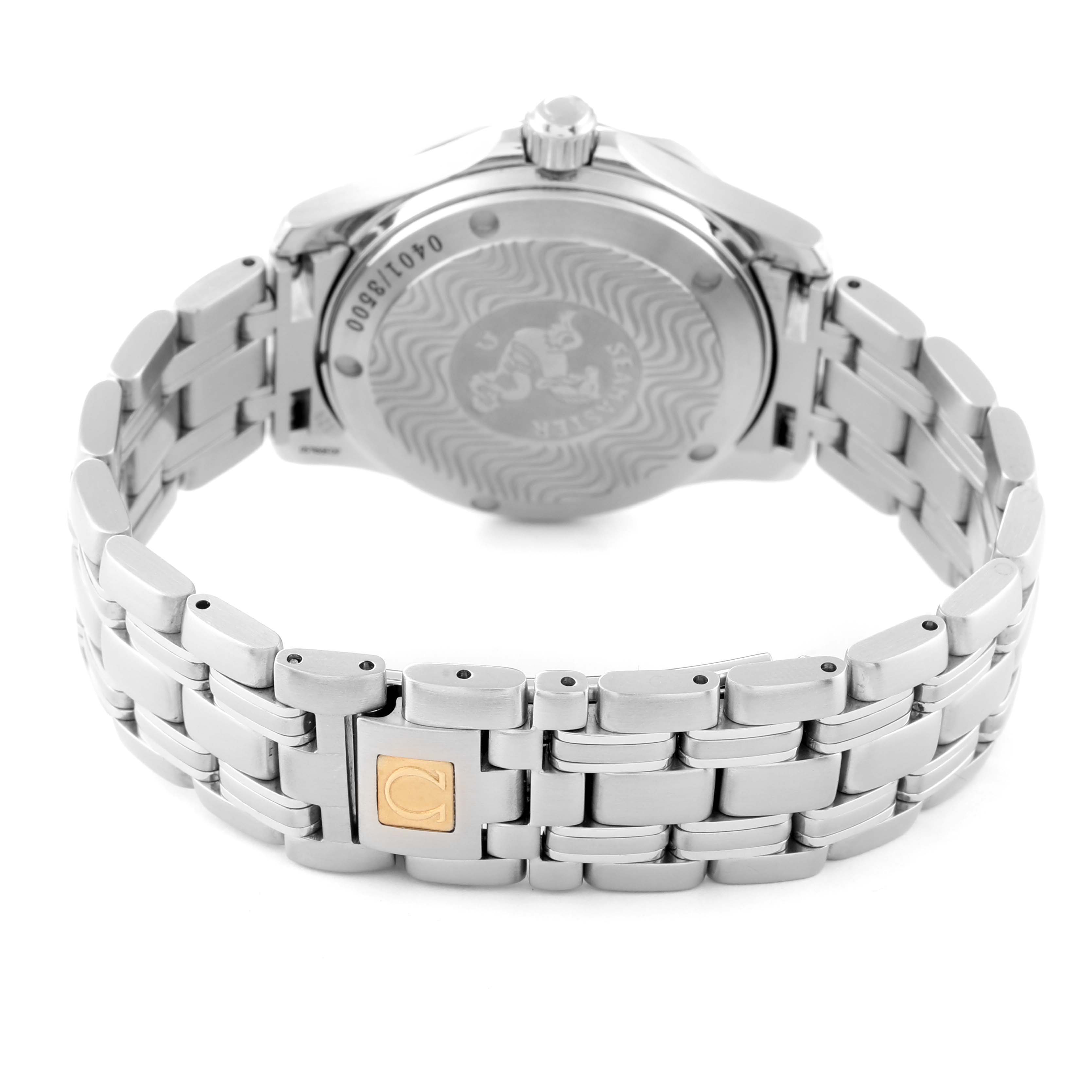 This image shows the back case and bracelet of an Omega Seamaster 2253.80.00 Men
s Stainless Steel Blue Dial 2253.80.00 Men
s Stainless Steel Blue Dial watch, featuring the engraved case back and metal bracelet clasp.