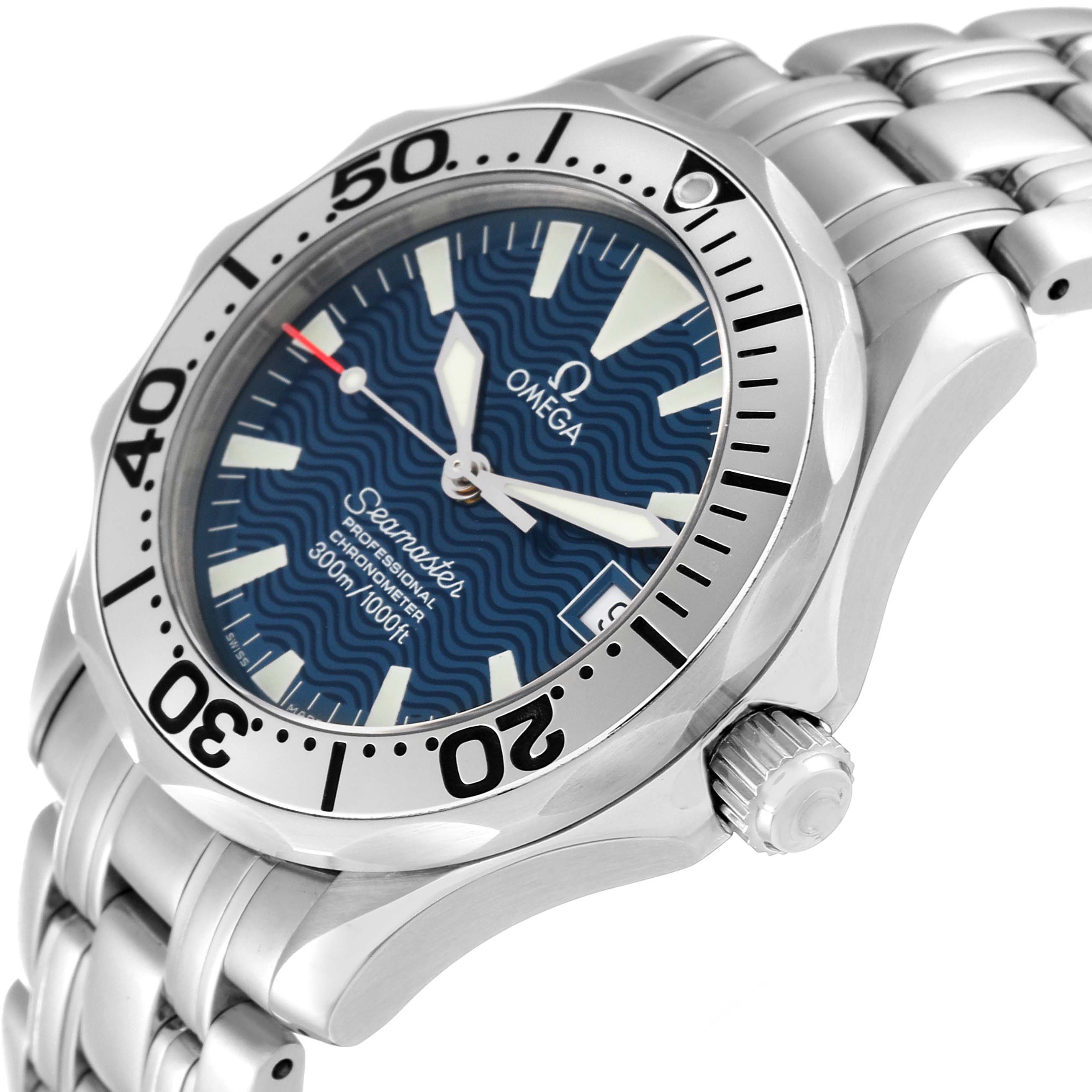 The image displays an angled view of the Omega Seamaster 2253.80.00 Men
s Stainless Steel Blue Dial 2253.80.00 Men
s Stainless Steel Blue Dial watch, showing the face, bezel, crown, and part of the bracelet.
